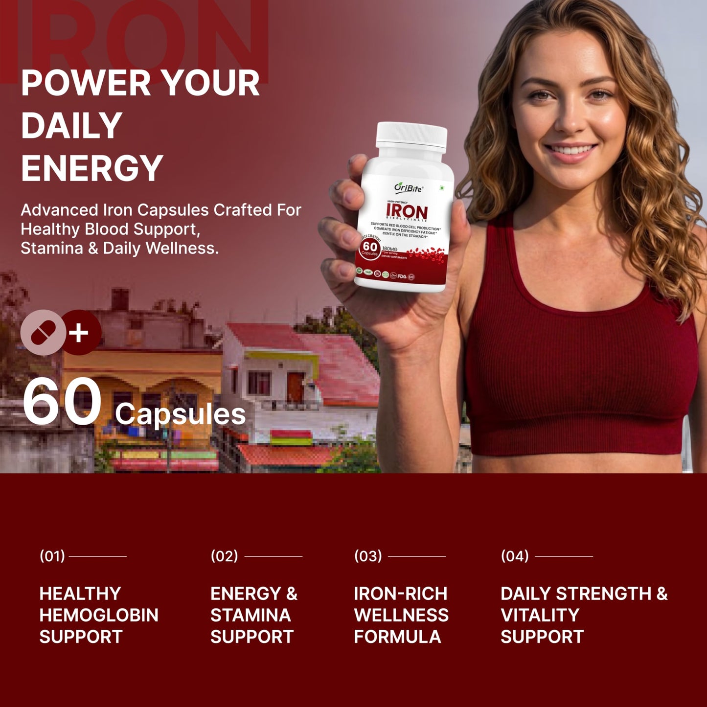 ORIBITE Iron Bisglycinate 180mg High Potency Iron Supplement – 60 Veg Capsules