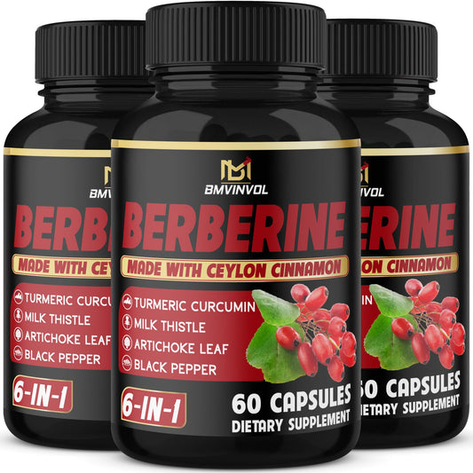 BMVINVOL Berberine Supplement Plus Ceylon Cinnamon, Milk Thistle, Turmeric, Artichoke Leaf, Black Pepper, 180 Capsules