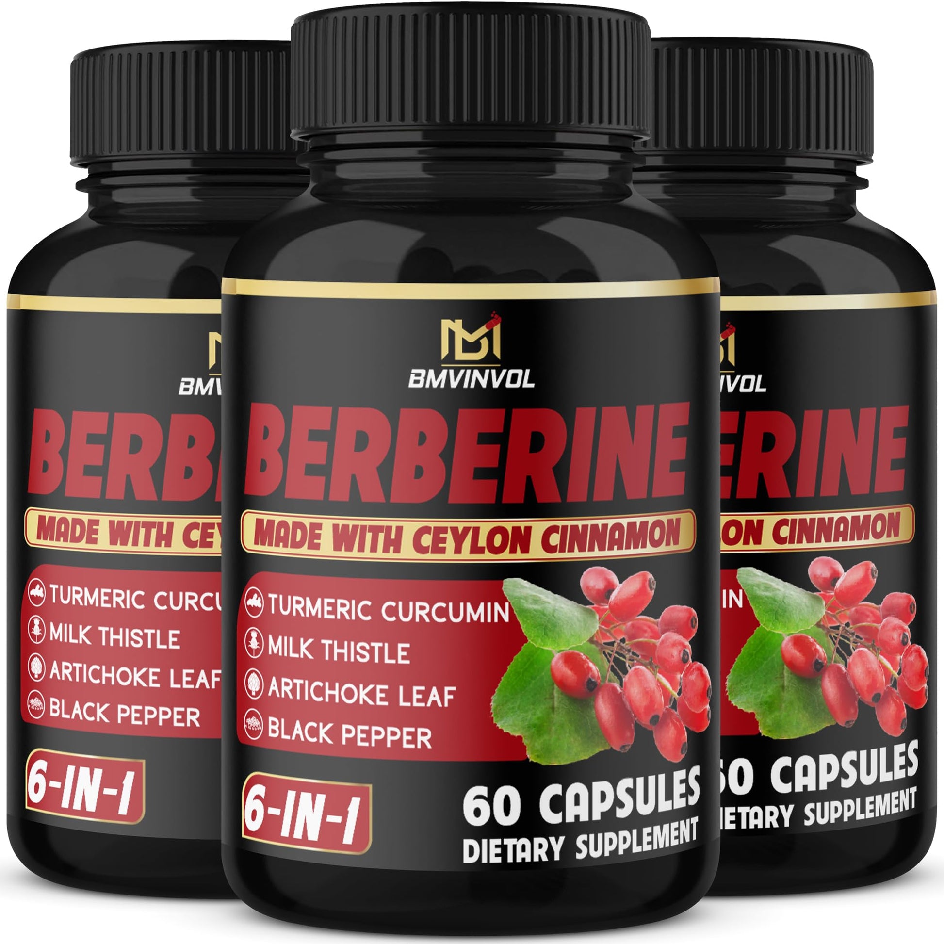 BMVINVOL Berberine Supplement Plus Ceylon Cinnamon, Milk Thistle, Turmeric, Artichoke Leaf, Black Pepper Capsules, 180 Capsules