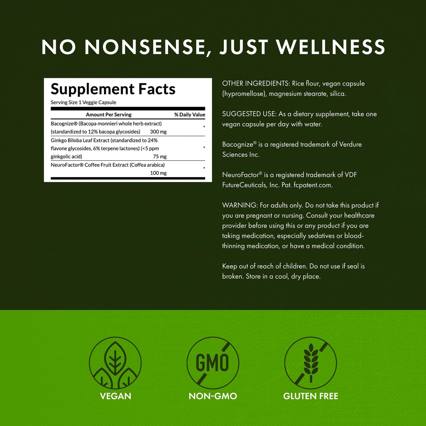 Swanson Pure Brainpower Brain Health Cognitive Memory Focus Support Brain-Derived Neurotrophic Factor (BDNF) Herbal Supplement (Ginkgo Biloba, Bacopa Monnieri) Capsules 120