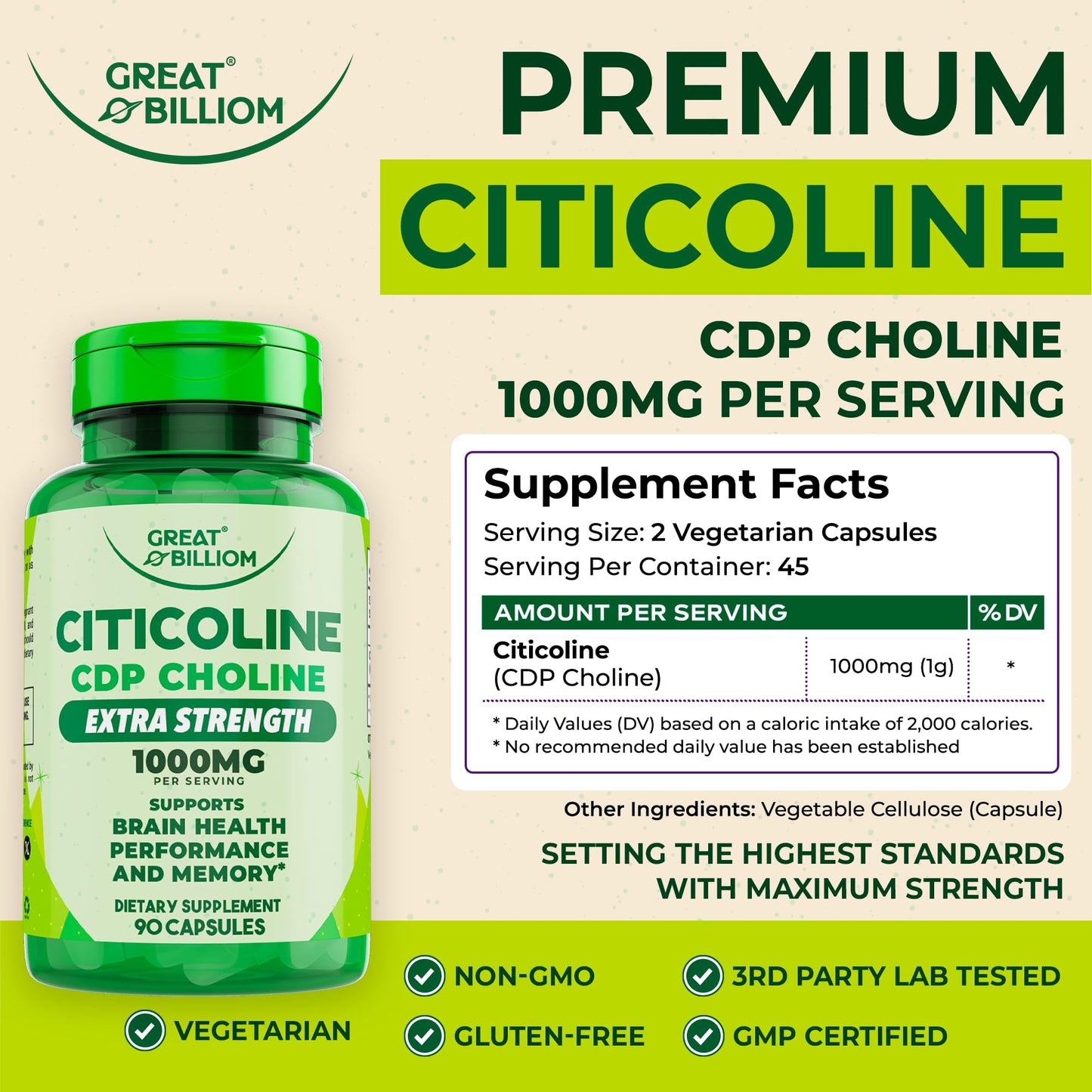 GREAT BILLIOM Citicoline CDP Choline 1000mg Capsule, 90 Count
