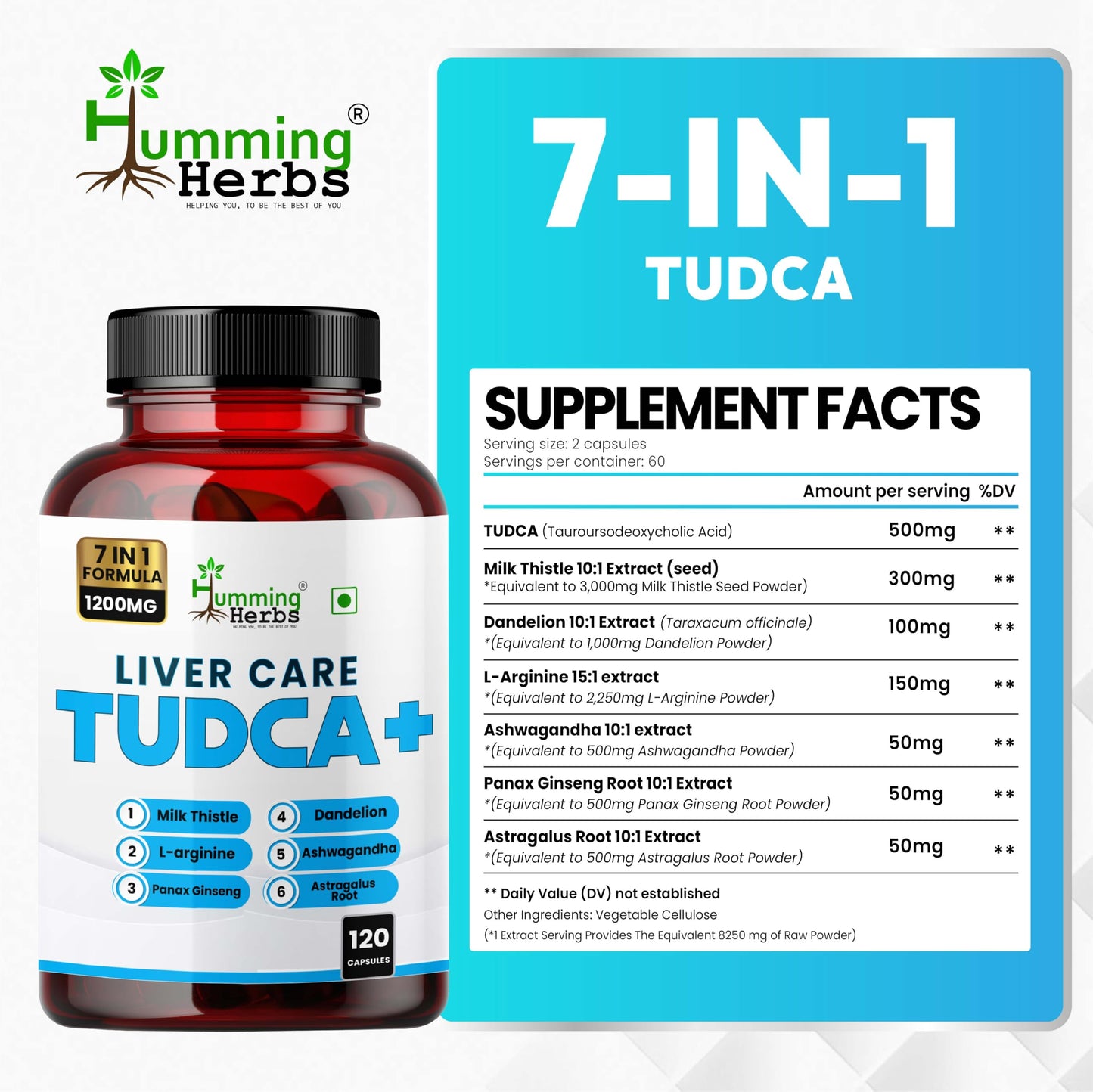 Humming Herbs TUDCA Supplement 7in1 Complex with Milk Thistle, L-Arginine, Ashwagandha, Dandelion, Astragalus Root 120 Capsules