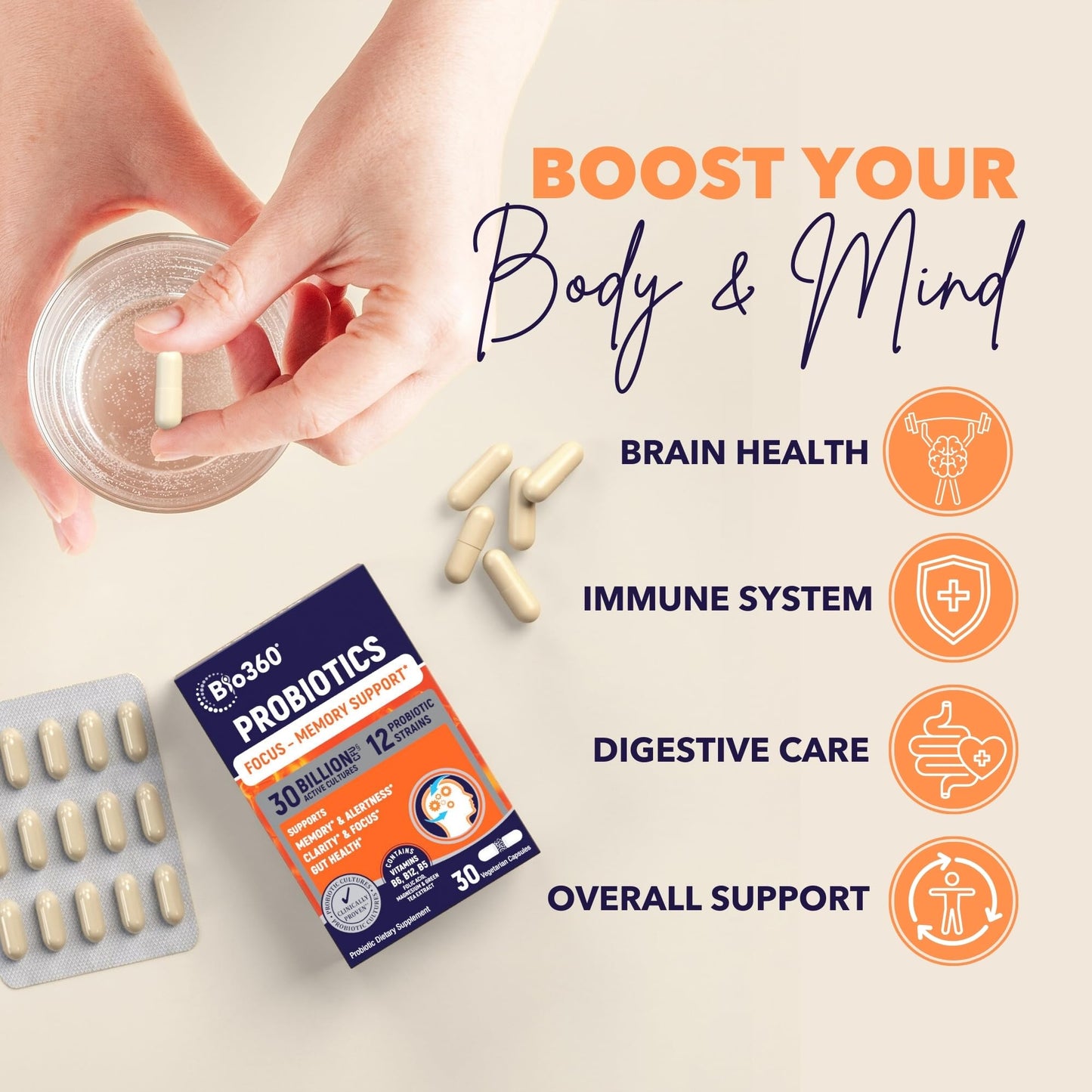 Bio360 Cognitive Support Probiotic for Brain Health, Digestive, Immune Health & Mental Energy, 30 Billion, 12 Probiotics, 25X Green Tea Extract, Magnesium & Vitamin B5, B6 & B12, Capsules, 30