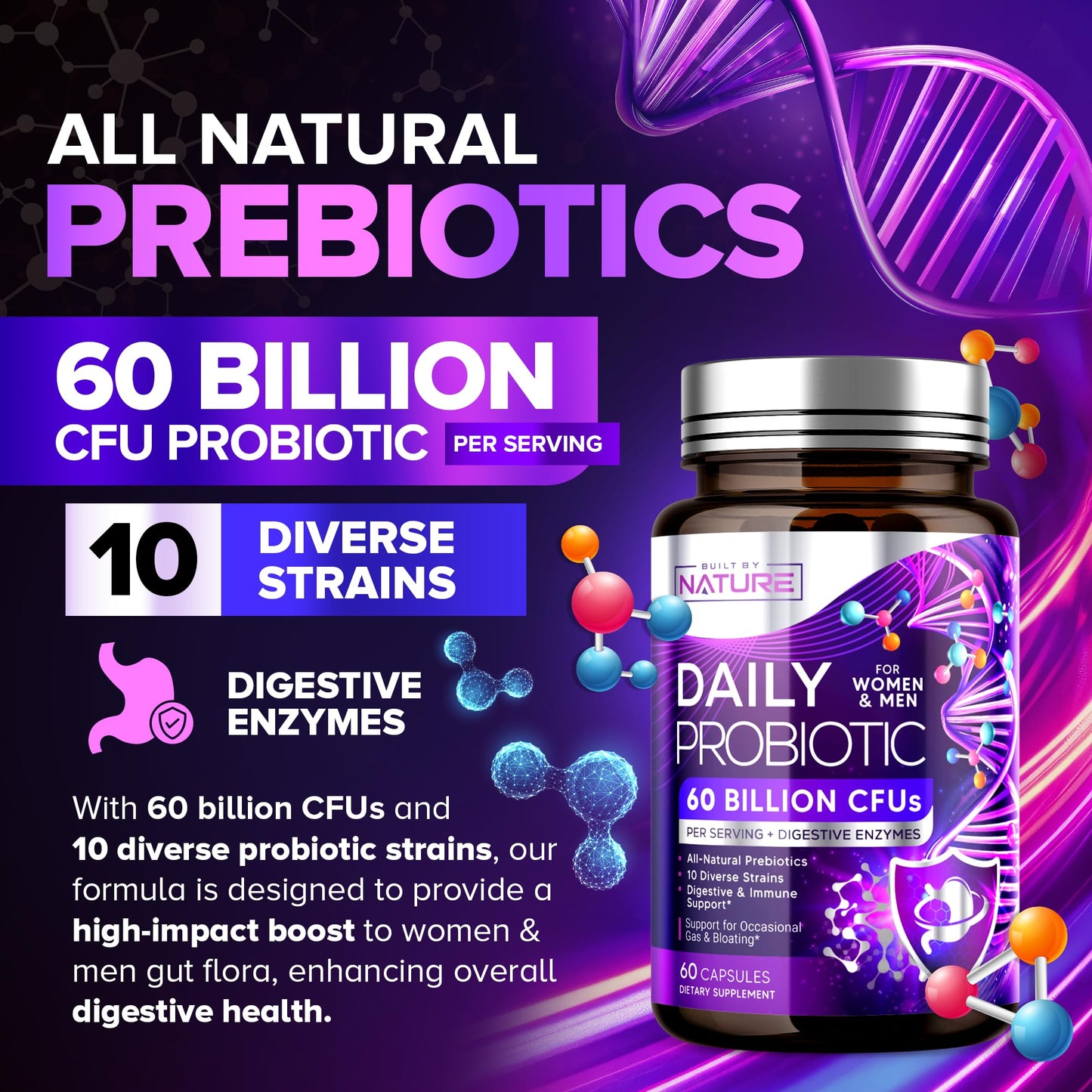 Built by Nature Probiotic for Women & Men – 60 Billion CFU, 10 Strains + Prebiotics & Digestive Enzymes – Supports Digestive, Immune, Reduce Gas & Bloating – Shelf Stable, Non-GMO, 60 Capsules