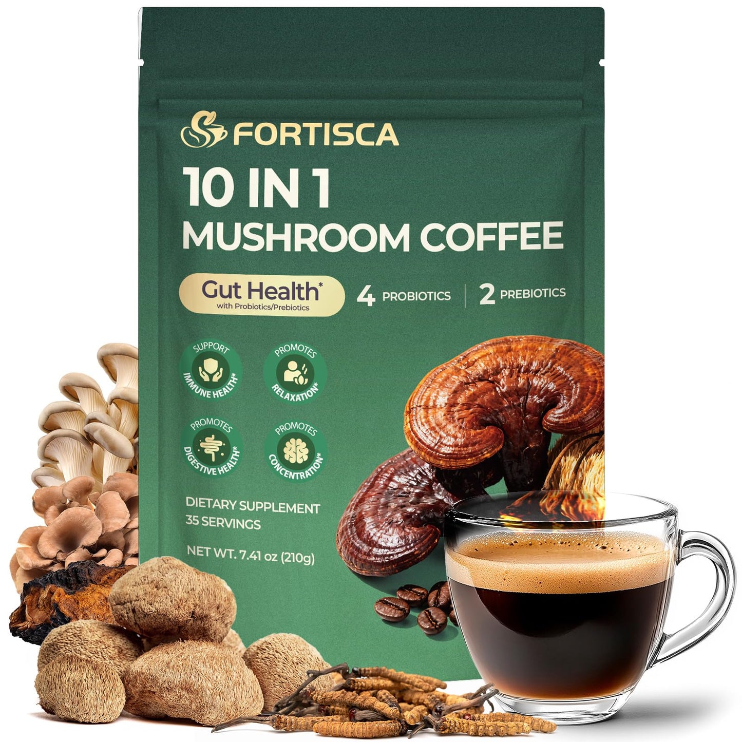FORTISCA Mushroom Coffee with Probiotic and Ashwagandha Powder, 7.41 oz