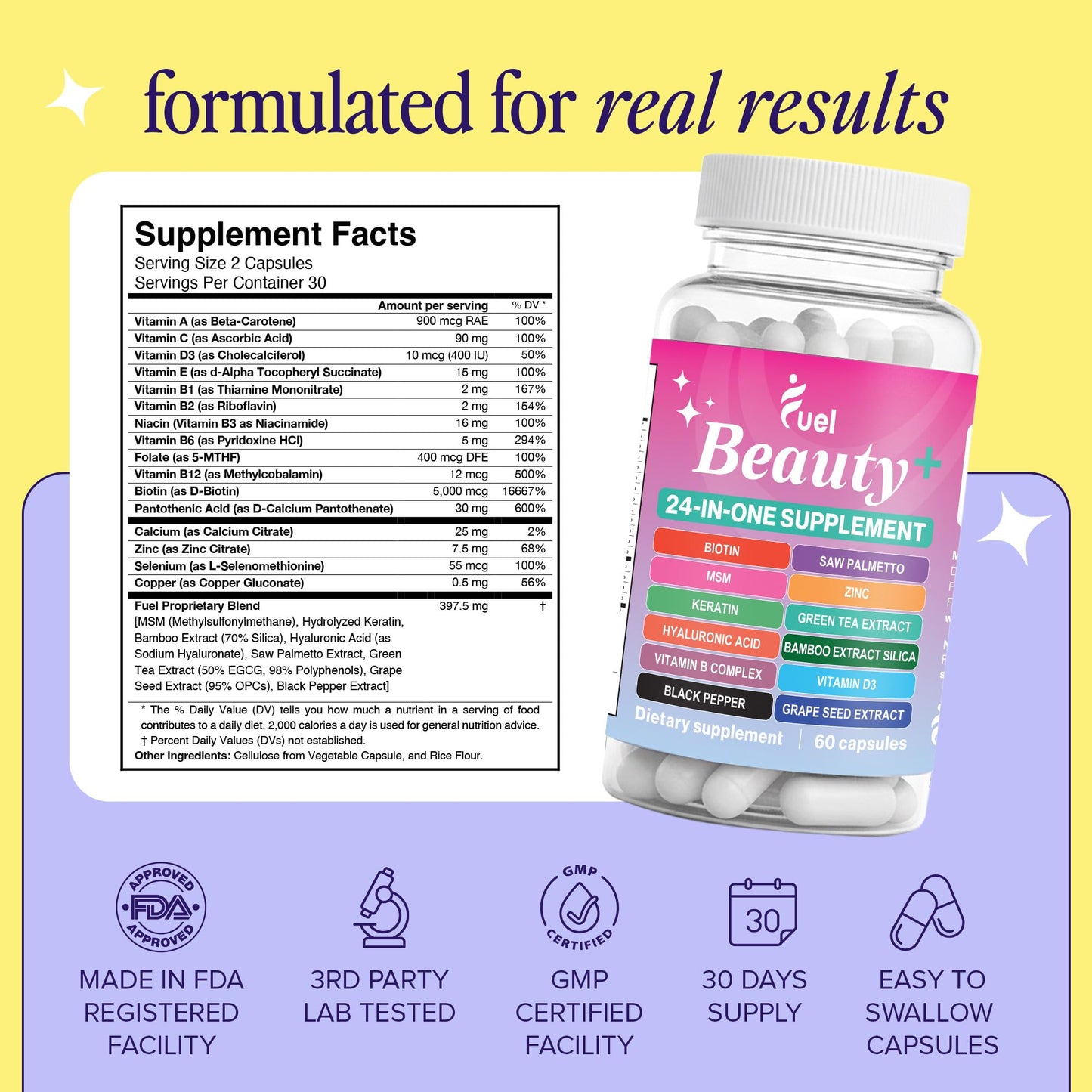 Fuel Beauty+ 24-in-1 Hair, Skin & Nails Vitamins for Women Capsules 60 Count
