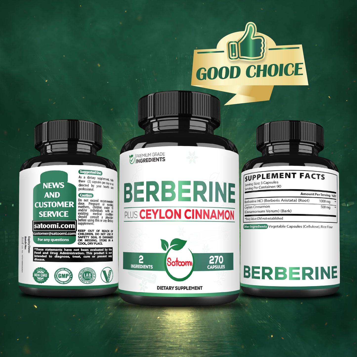 Satoomi Berberine with Ceylon Cinnamon Supplement - 1500mg Extra Strength Capsules, 270 Count