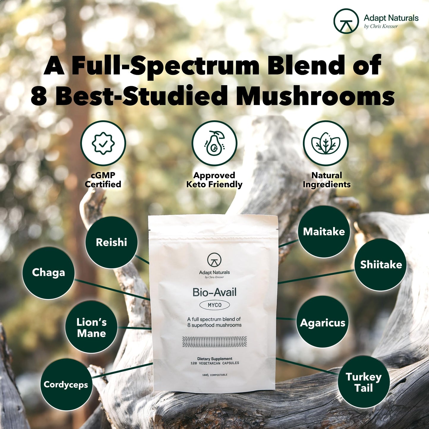 Adapt Naturals by Chris Kresser Bio-Avail Myco 8-in-1 Bioavailable Mushroom Complex (Chaga, Cordyceps, Reishi, Lion's Mane) Capsules 120 Count