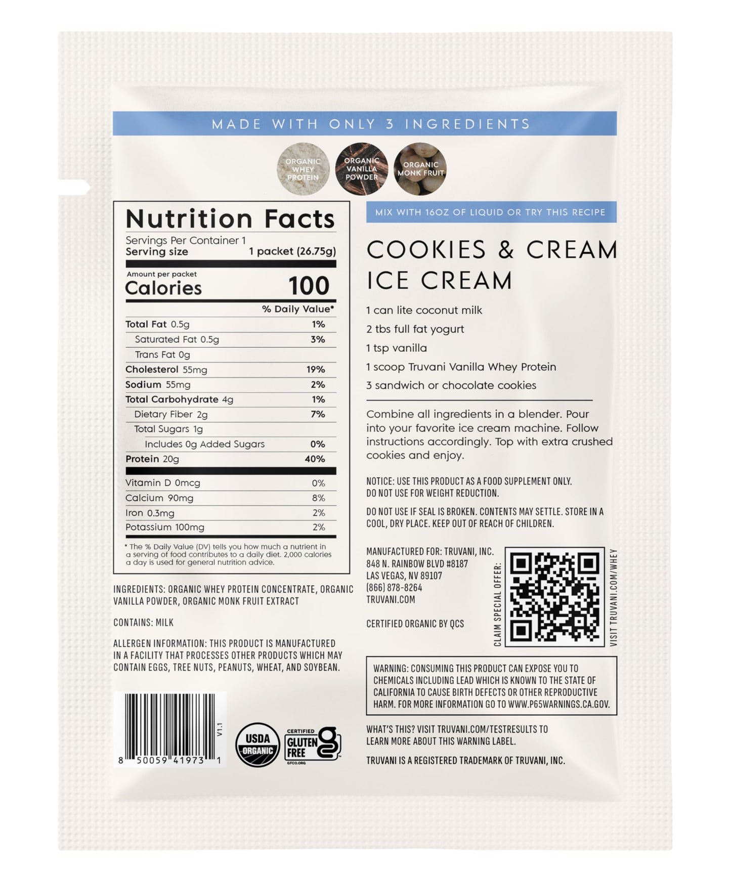 Truvani Organic Whey Protein Powder Vanilla 0.94 oz