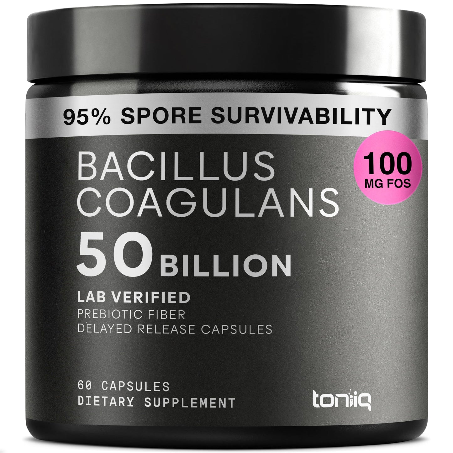 Toniiq Bacillus Coagulans Probiotic Supplement – Ultra High Strength 50 Billion CFU with FOS Prebiotic – Spore-Based Probiotic for Exceptional Stability – Third-Party Tested Capsules 60