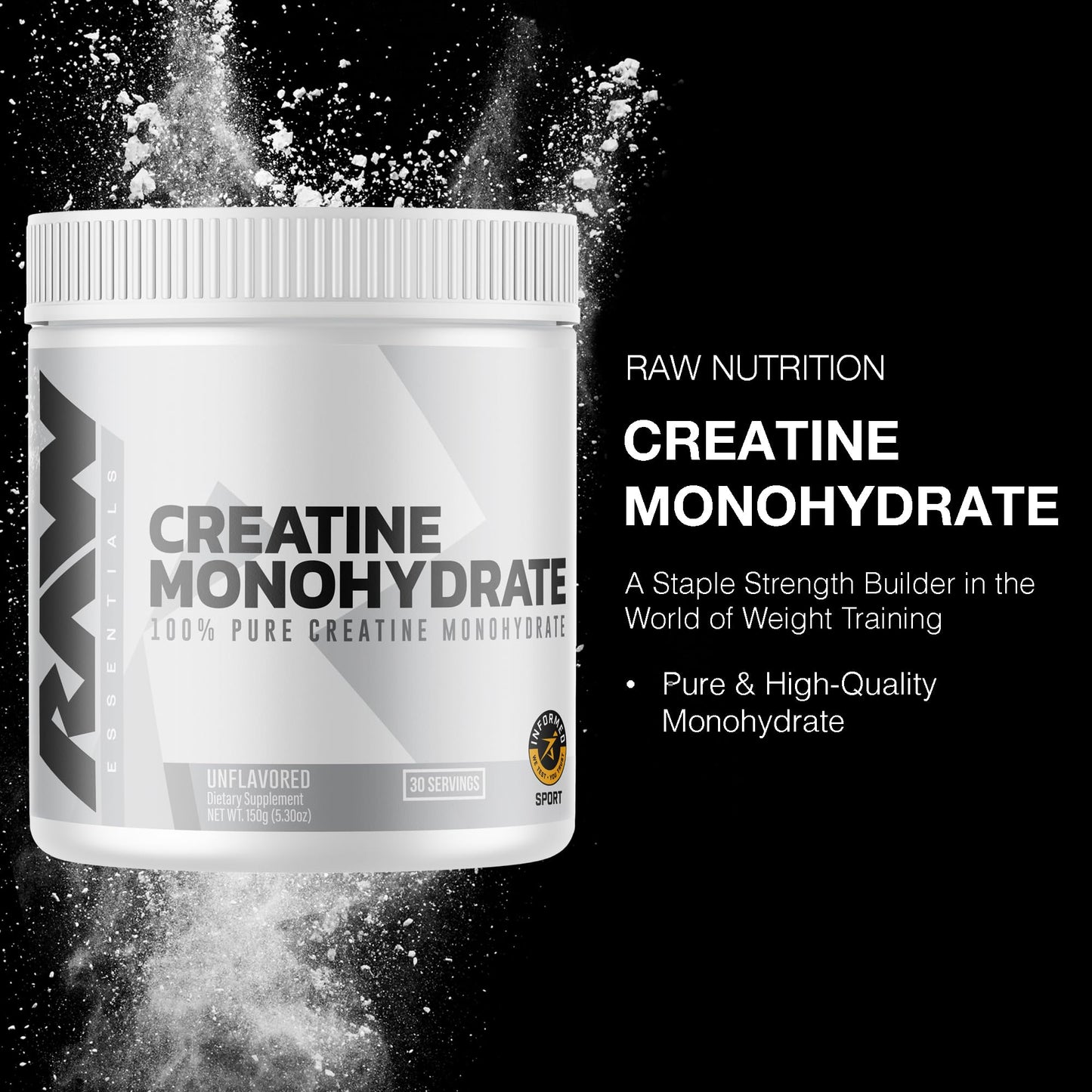 RAW Creatine Monohydrate Powder Unflavored, 5.3 Ounces