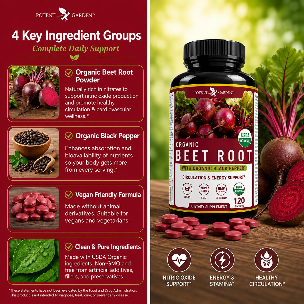 Potent Garden Organic Beet Root Tablets 1350 mg with Black Pepper, 120 Tablets