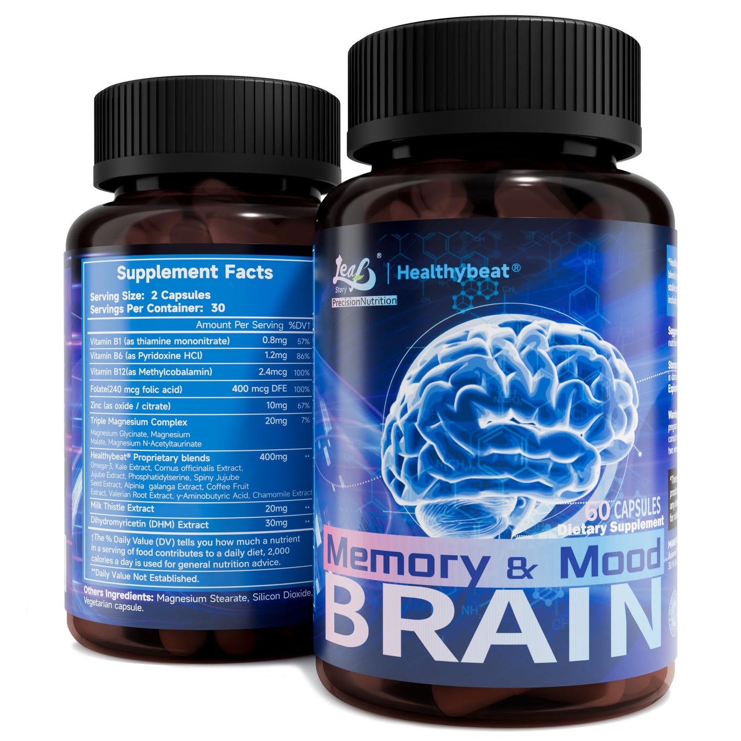 LeafStory Nootropic Brain Supplements for Memory and Focus, Cognitive Function for Mental Health & Clarity, Vitamin B6 B12, Folate & Dihydromyricetin, 60 Capsules