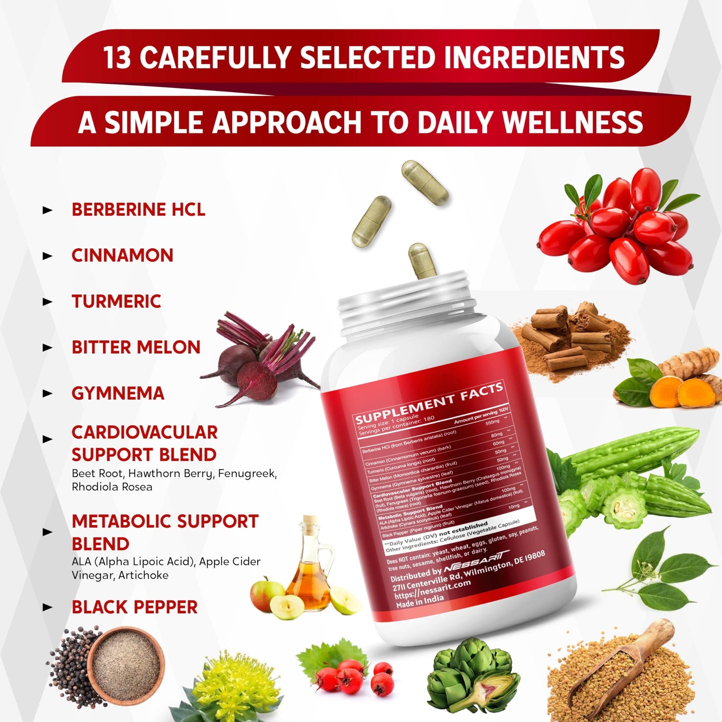 NESSARIT Berberine, Cinnamon, Turmeric, Bitter Melon & Gymnema Heart & Metabolic Health Capsules, 180 Count