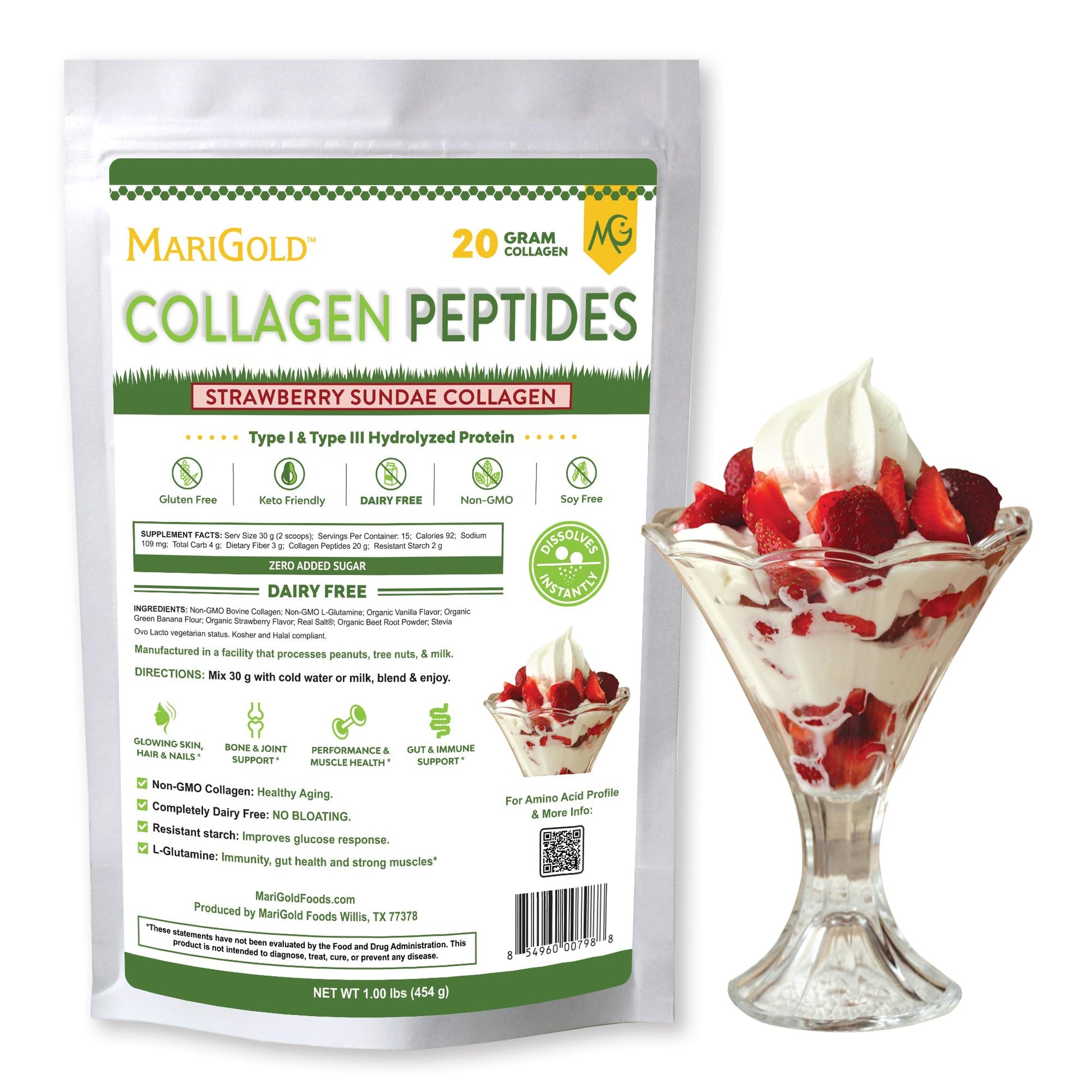 MariGold Grass-fed Collagen Peptides Powder Strawberry Sundae 16 oz