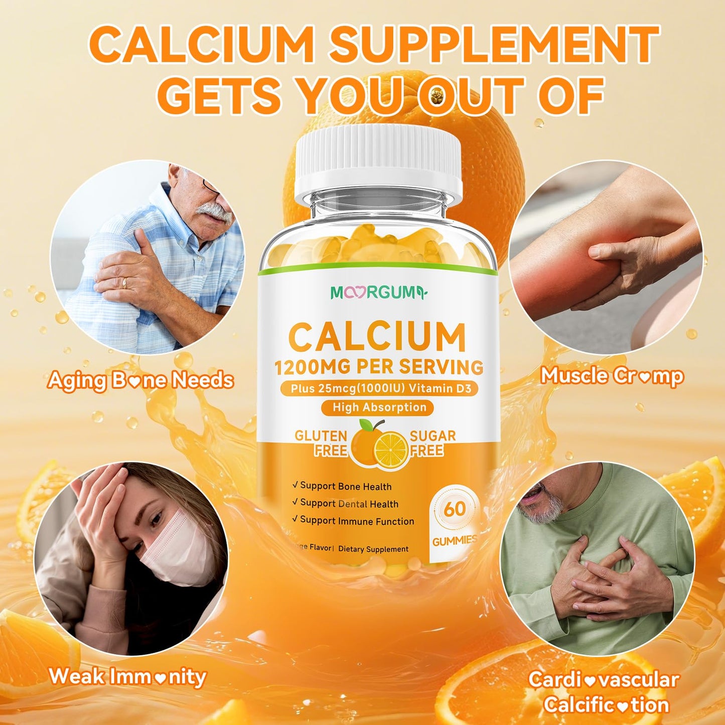 MOORGUMY Calcium Citrate Gummies with Vitamin D3 1000IU, 1200 mg Calcium, 60 Count