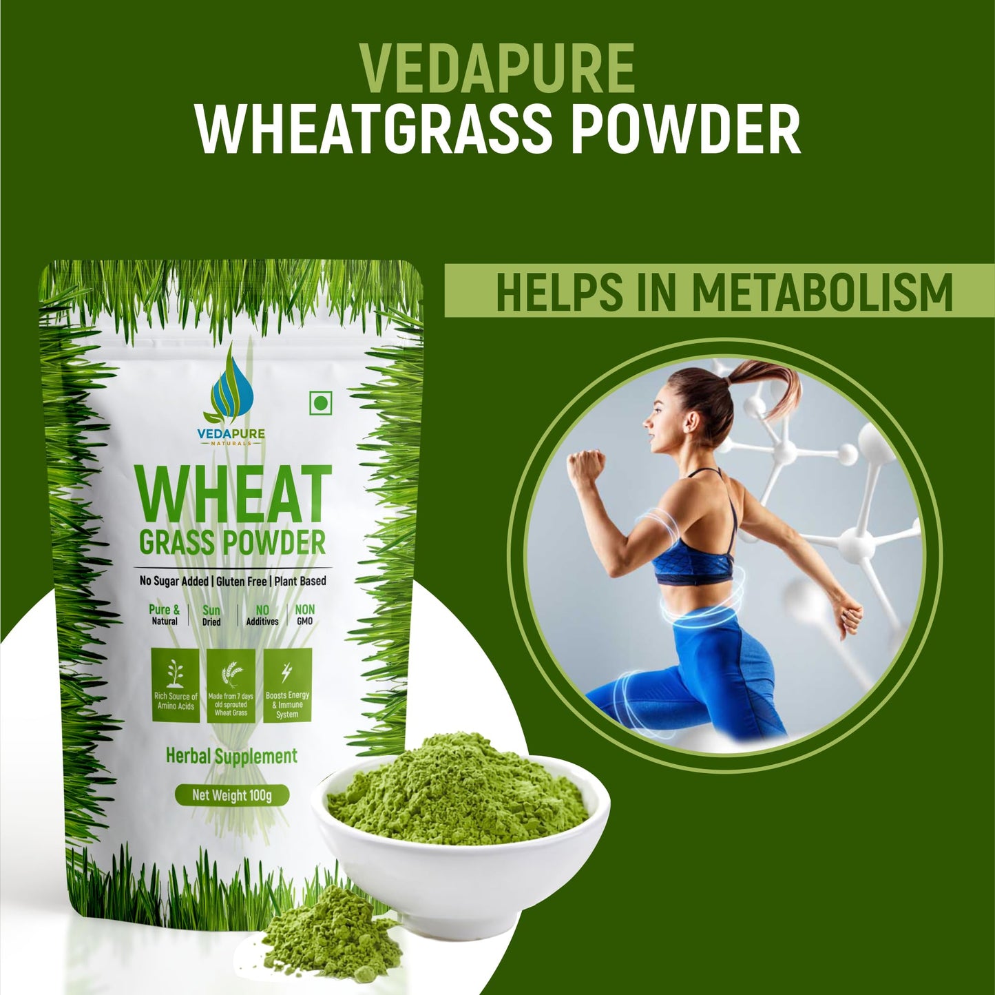 VEDAPURE Organic Wheat Grass Powder 3.53 Ounce