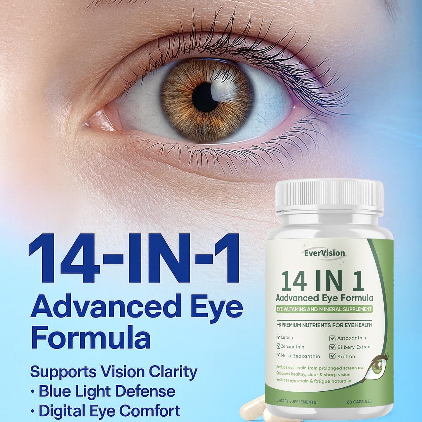Wuliao Evervision 14 in 1 Advanced Eye Formula, Neurobella Eye Vitamin and Mineral Supplement with Zinc, Lutein, Zeaxanthin & Bilberry Extract, 60 Capsules