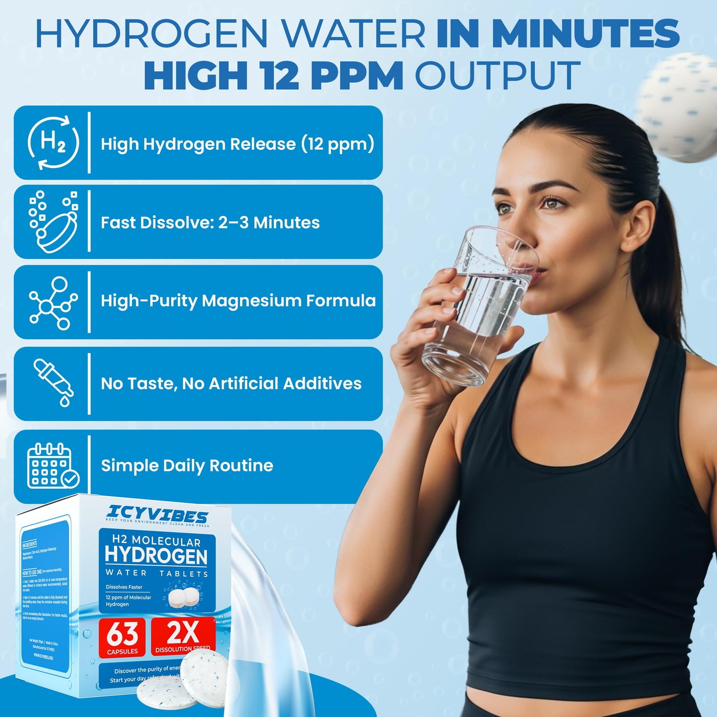 ICYVIBES Mineral Hydrogen Water Tablets with Magnesium, 60 Tablets