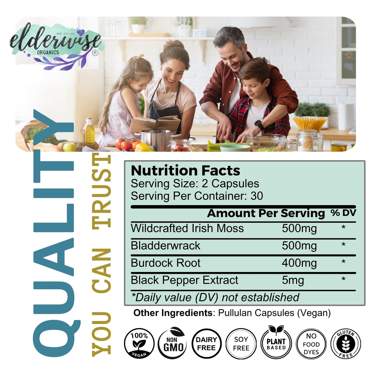 Elderwise Organics Made With Love Sea Moss Capsules with Burdockroot & Bladderwrack 60 Count