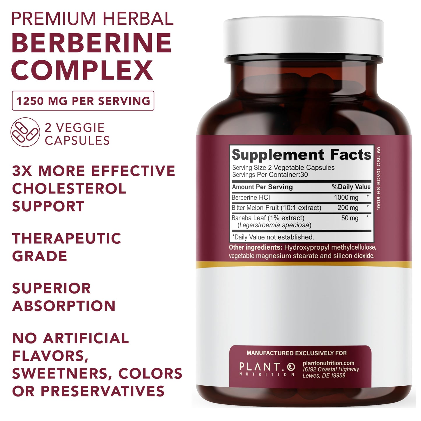 PLANT.O NUTRITION Berberine Supplement - 10xHigher Absorption Berberine HCI Complex with Bitter Lemon & Banaba Leaf - Cholesterol & Metabolic Clinically Researched Support, Non-GMO, 60 Capsules