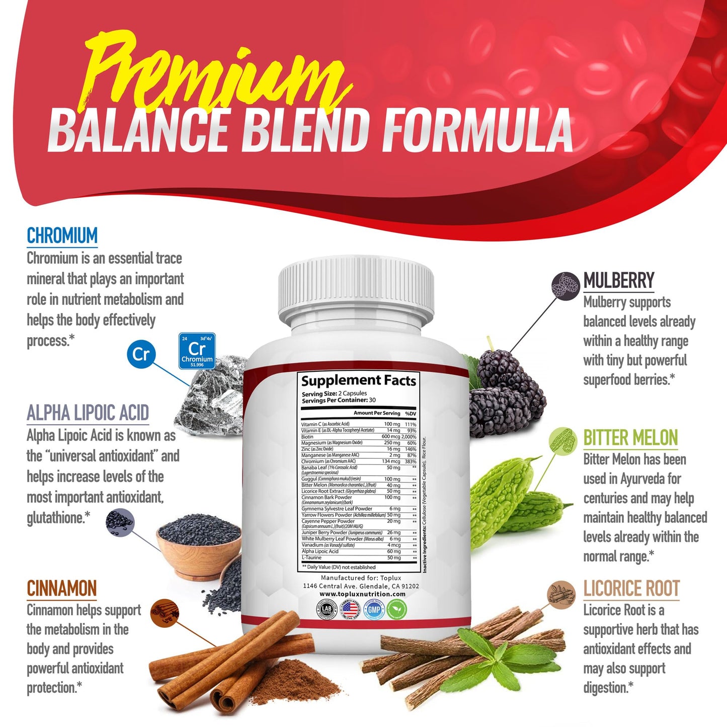 Toplux Premium Natural Balance Blend Complex Supplement - Natural 20 Herbs and Vitamins with Cinnamon Non-GMO Vegan, for Men Women, 60 Capsules