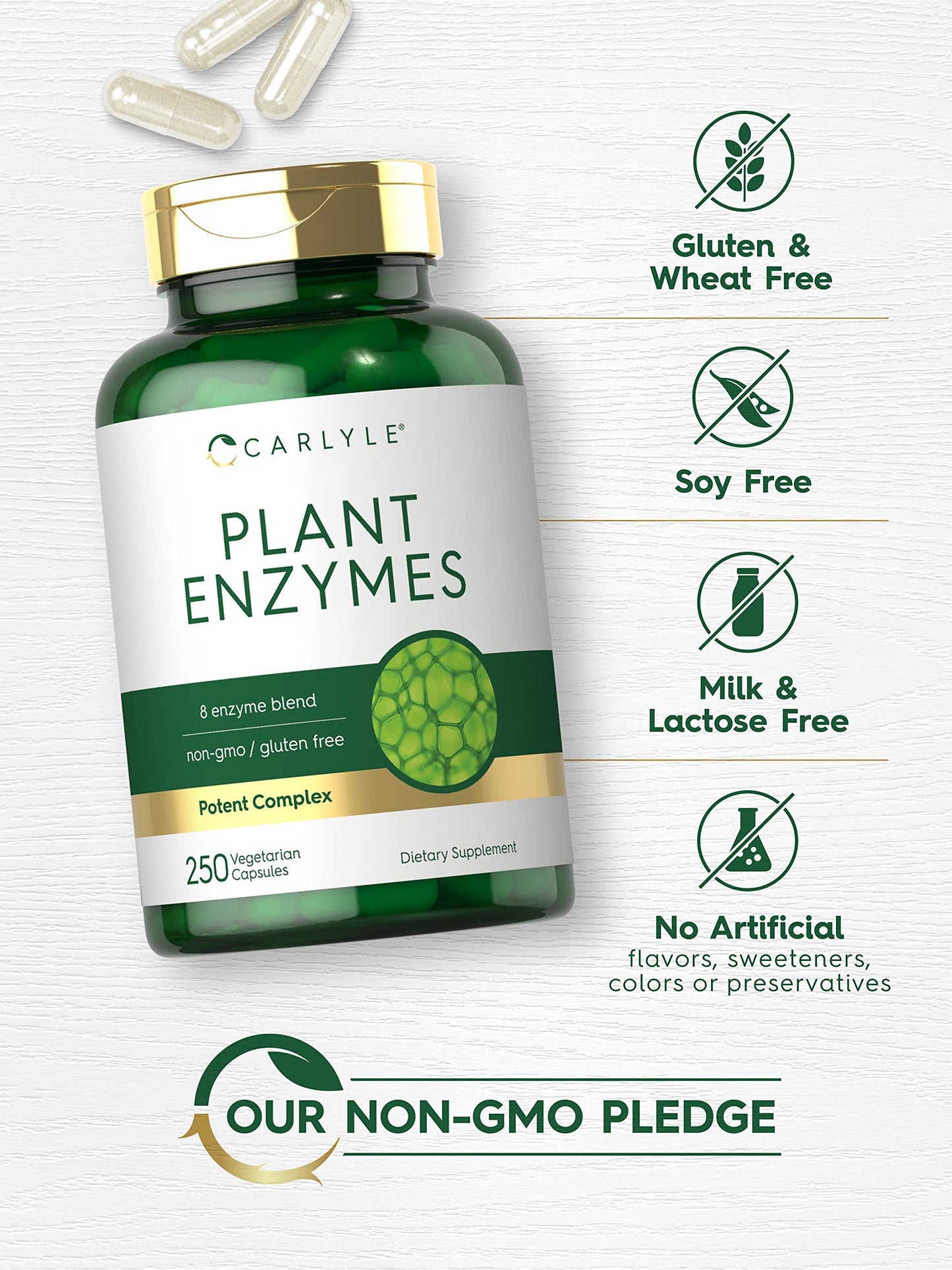 Carlyle Plant Enzymes with Protease, Papain, Lactase and Bromelain Capsules, 250 Count