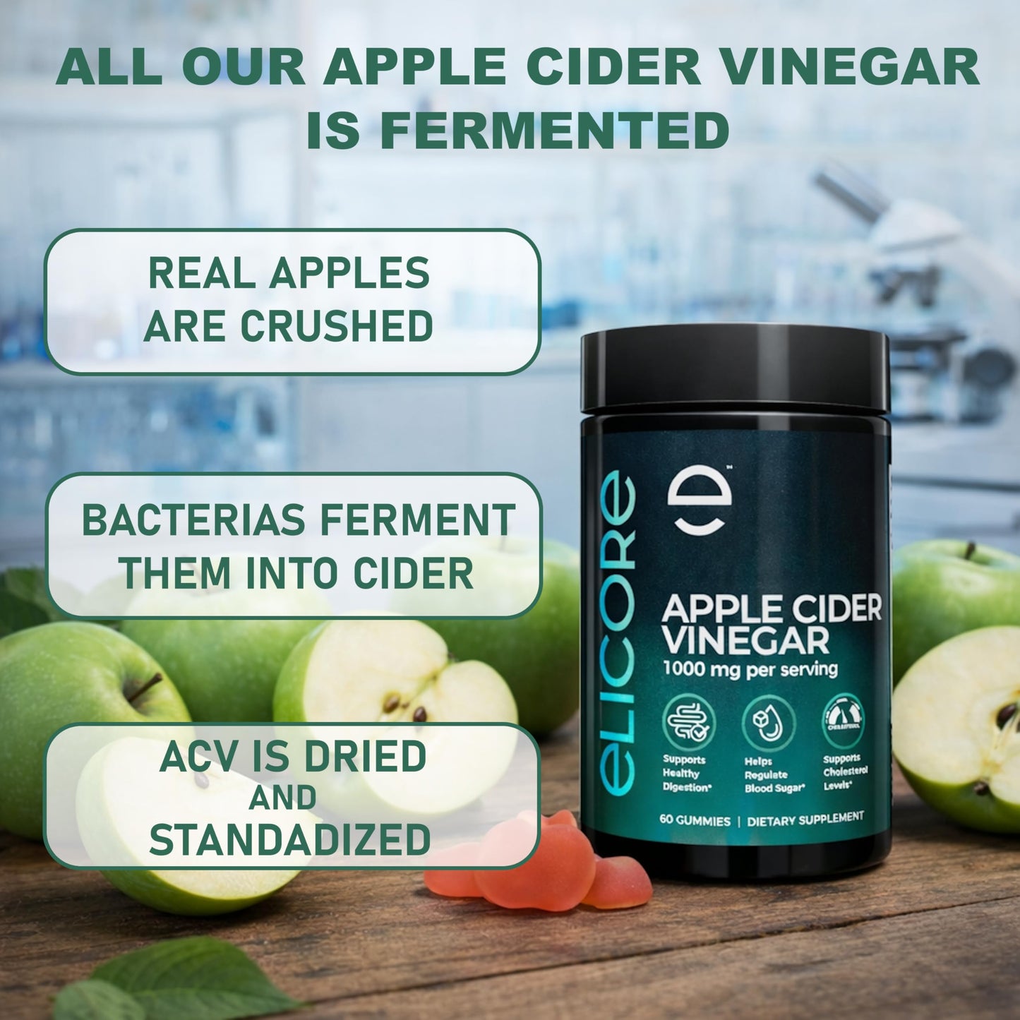 ELICORE Premium Apple Cider Vinegar Gummies 1000mg – 60 Count