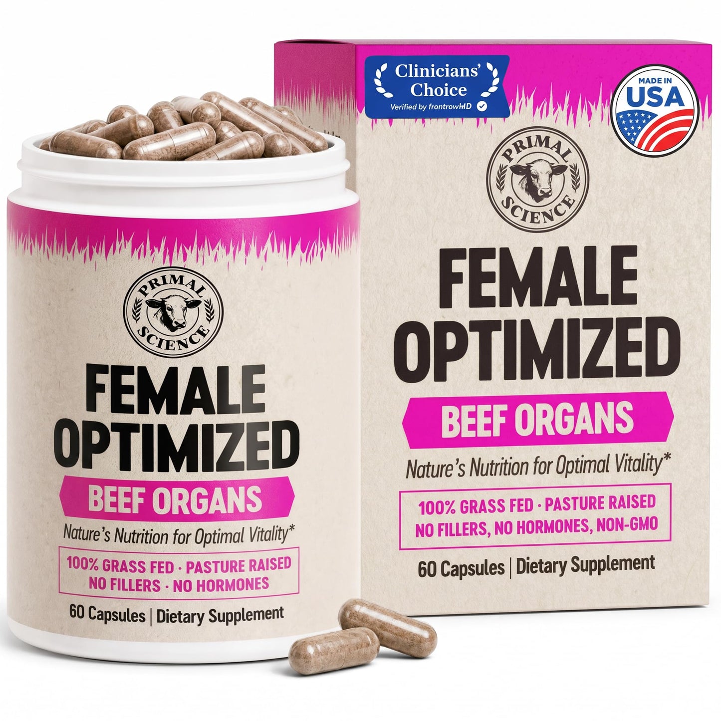 Primal Science Female Optimized Beef Organs - Grass Fed Beef Liver, Heart, Kidney, Uterus & Ovary Supplement for Women - Pasture Raised in New Zealand, Freeze Dried, No Fillers - 60 Capsules