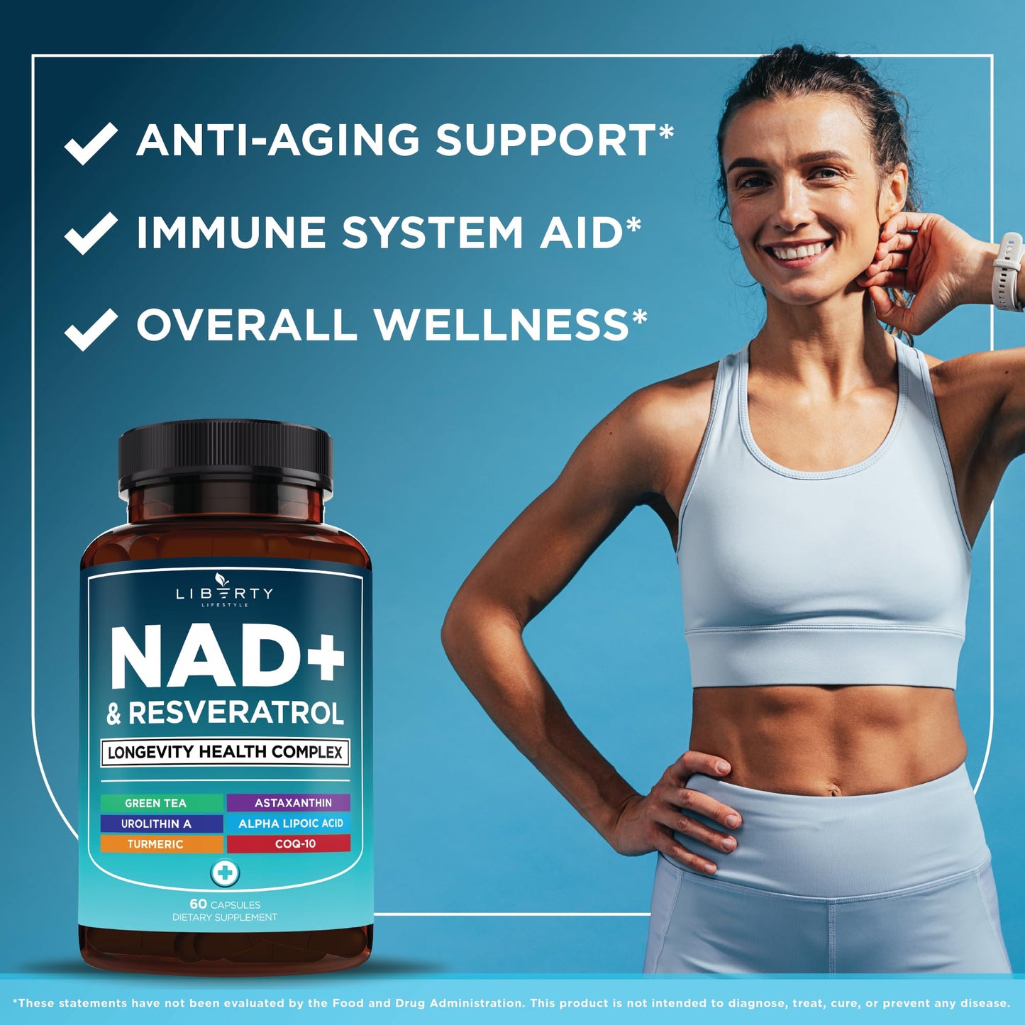 Liberty Lifestyle NAD+ Supplement Complex – NAD+ 300 mg with Astaxanthin, Urolithin A, Resveratrol, CoQ10 & Antioxidant Blend, Cellular Energy & Mitochondrial Support, Vegan, Non-GMO, 180 Capsules