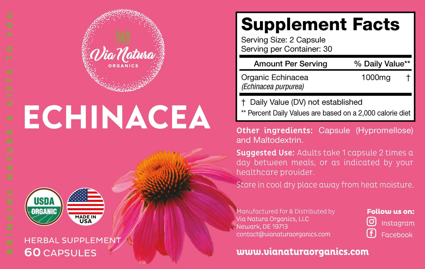 Via Natura Organics Echinacea Supplement 60 Capsules