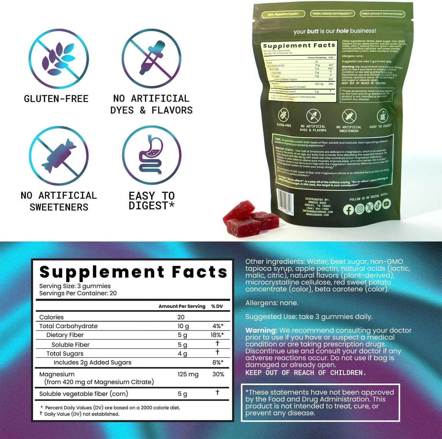Rrhoid Rage Fiber Extra Strength Gummies with Magnesium Citrate – Extra Strength Gut & Digestive Support – Mixed Berry Flavor – Daily Wellness Supplement, 60 Gummies