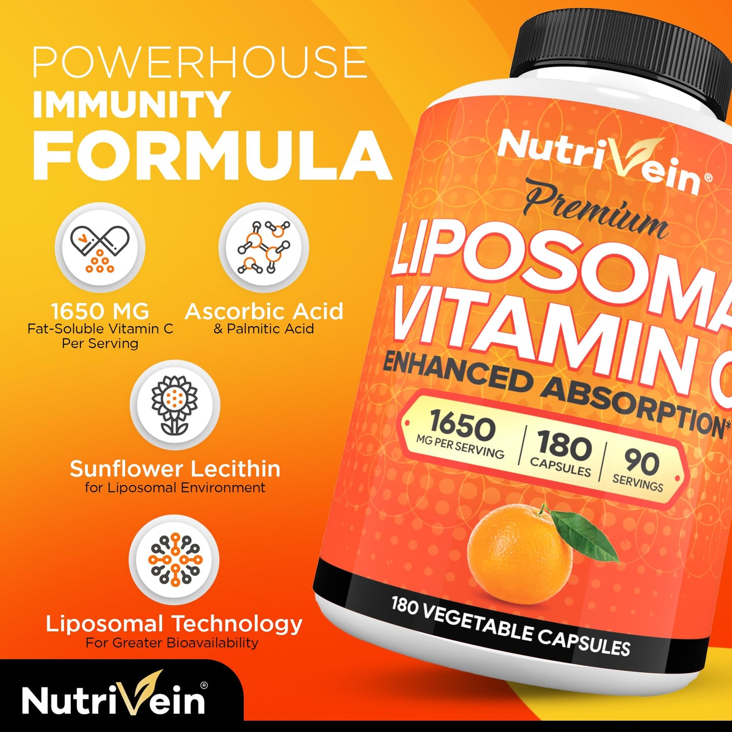 Nutrivein Liposomal Vitamin C Supplement 1650mg Capsule, 180 Count