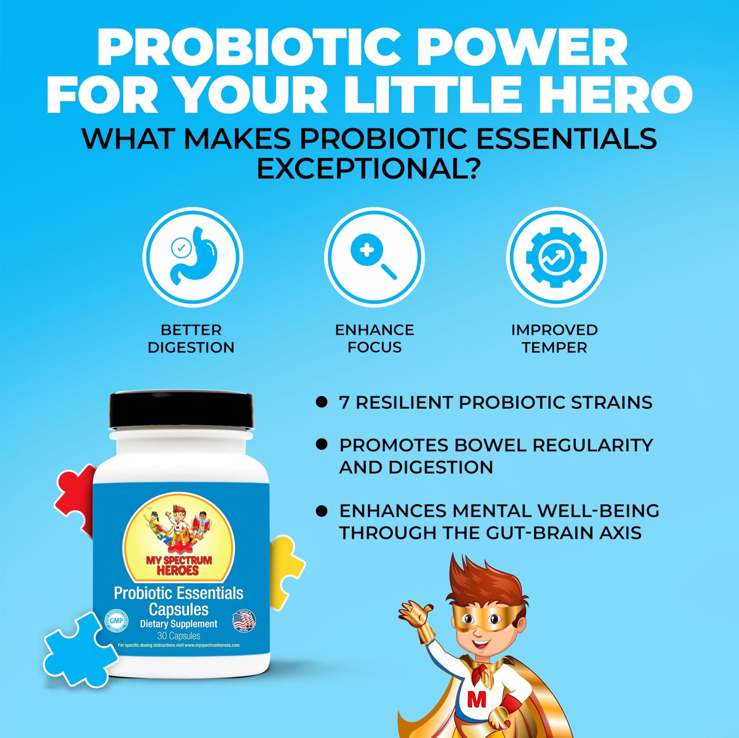 My Spectrum Heroes Probiotic Capsules for Digestive Health with 20 Billion CFUs, Diverse Strains, 30 Capsules