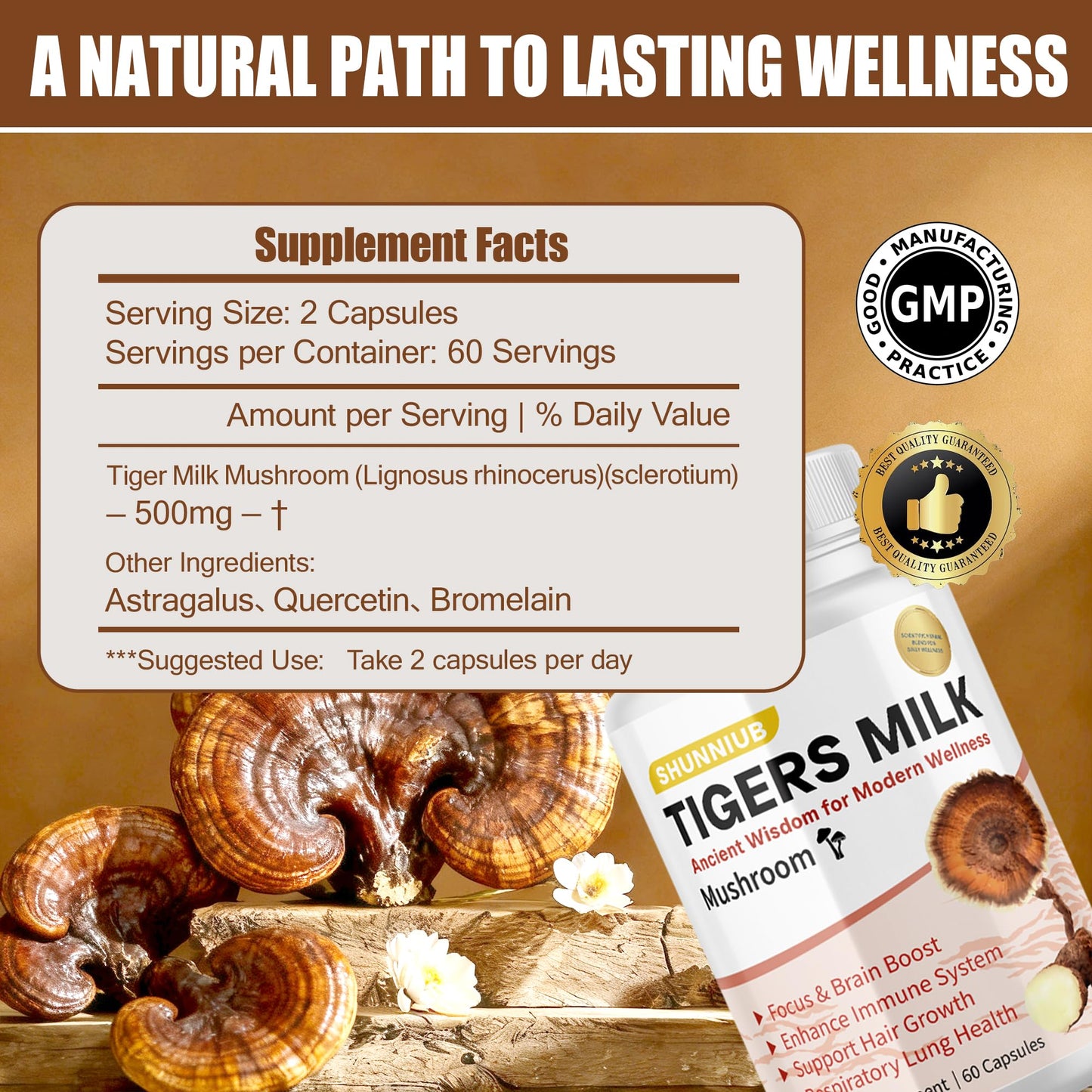 SHUNNIUB Tiger Milk Mushroom Supplement Capsules, 60 Capsules