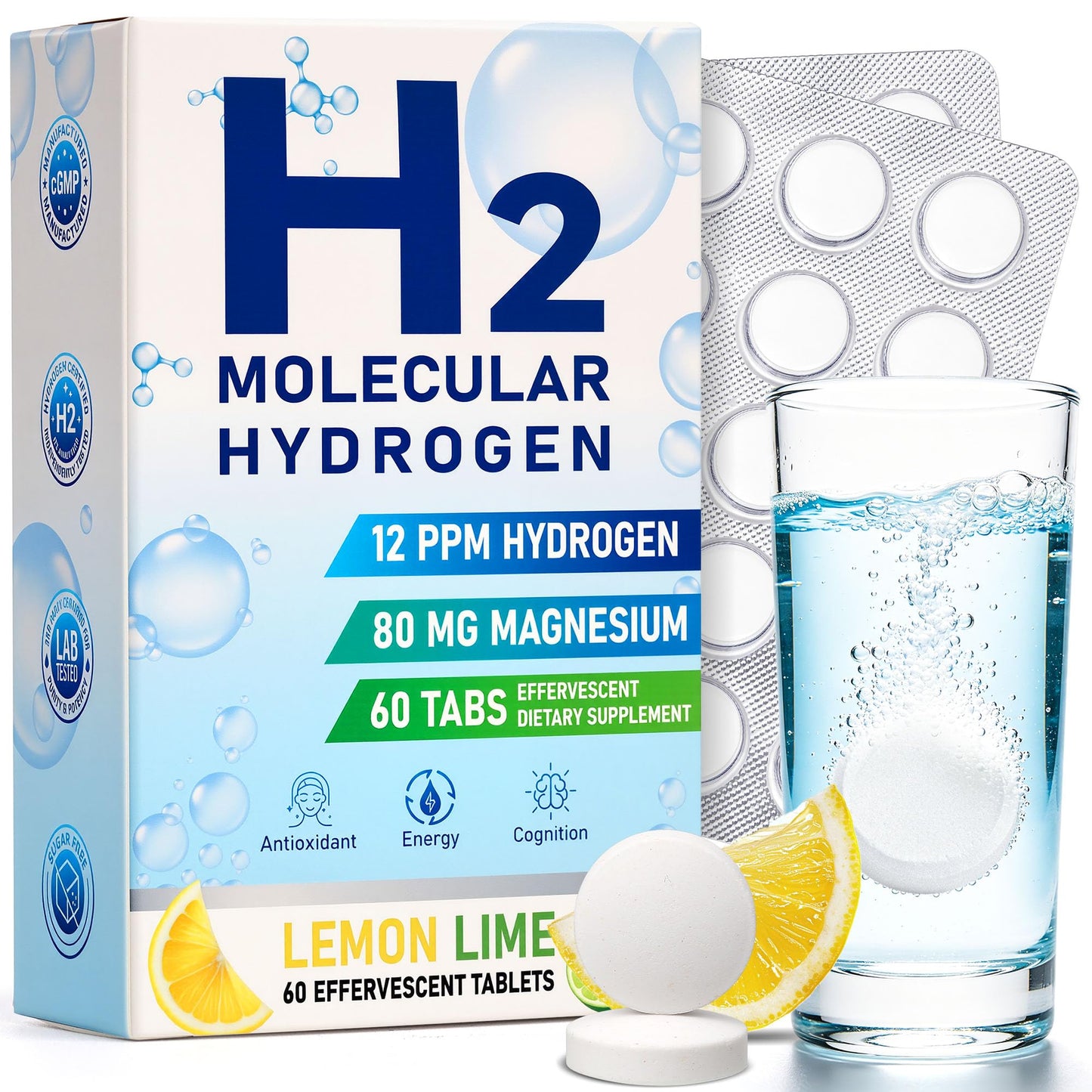 Crobirware Molecular Hydrogen Water Tablets 12 PPM H2 Supplement with Magnesium, Lemon Lime Flavour, Fast-Dissolving for Water, Hydration, Energy & Recovery Support, 60 Tablets