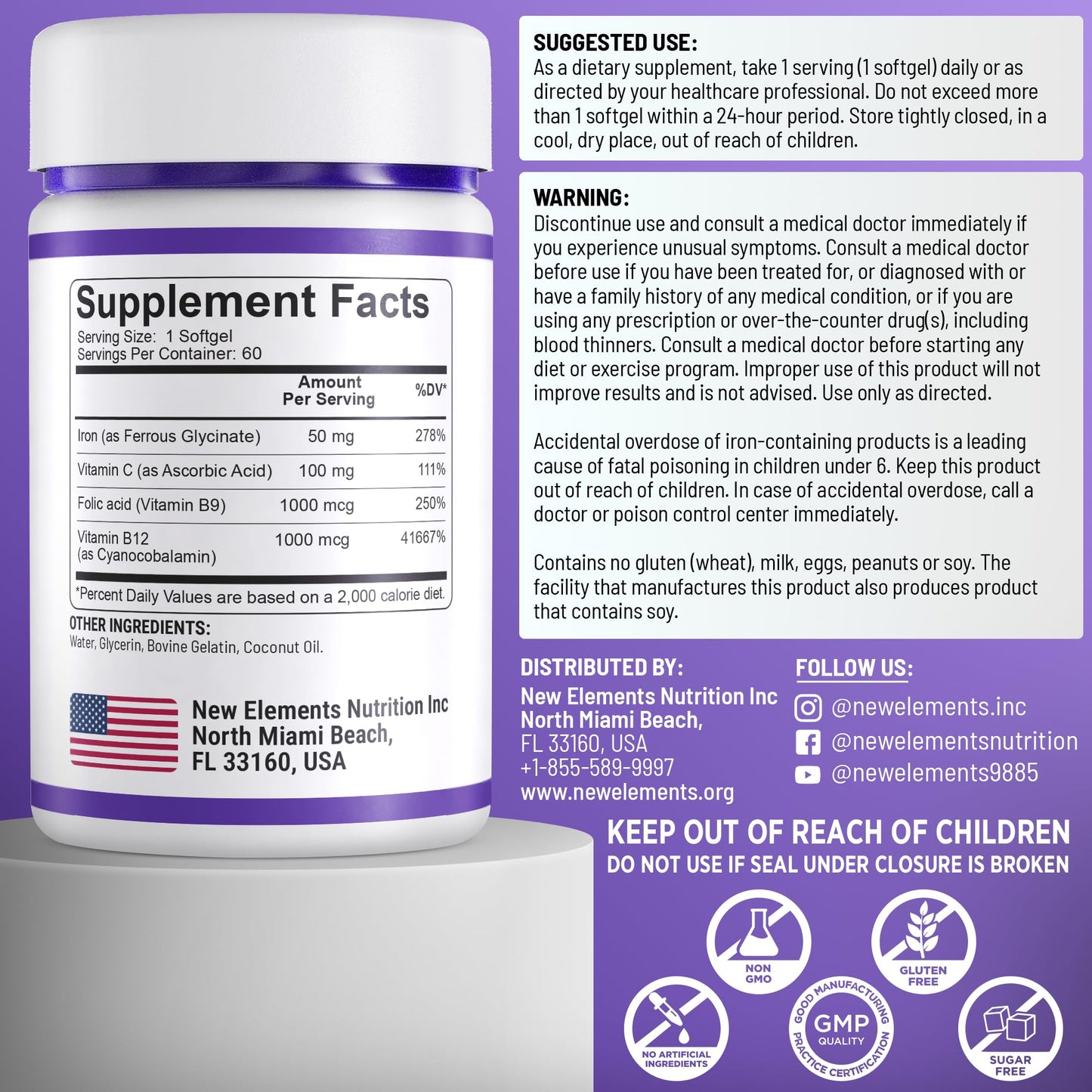 New Elements Iron Glycinate 50mg + Vitamin C, Folic Acid 1000mcg, Vitamin B12 Softgels, 60 Count