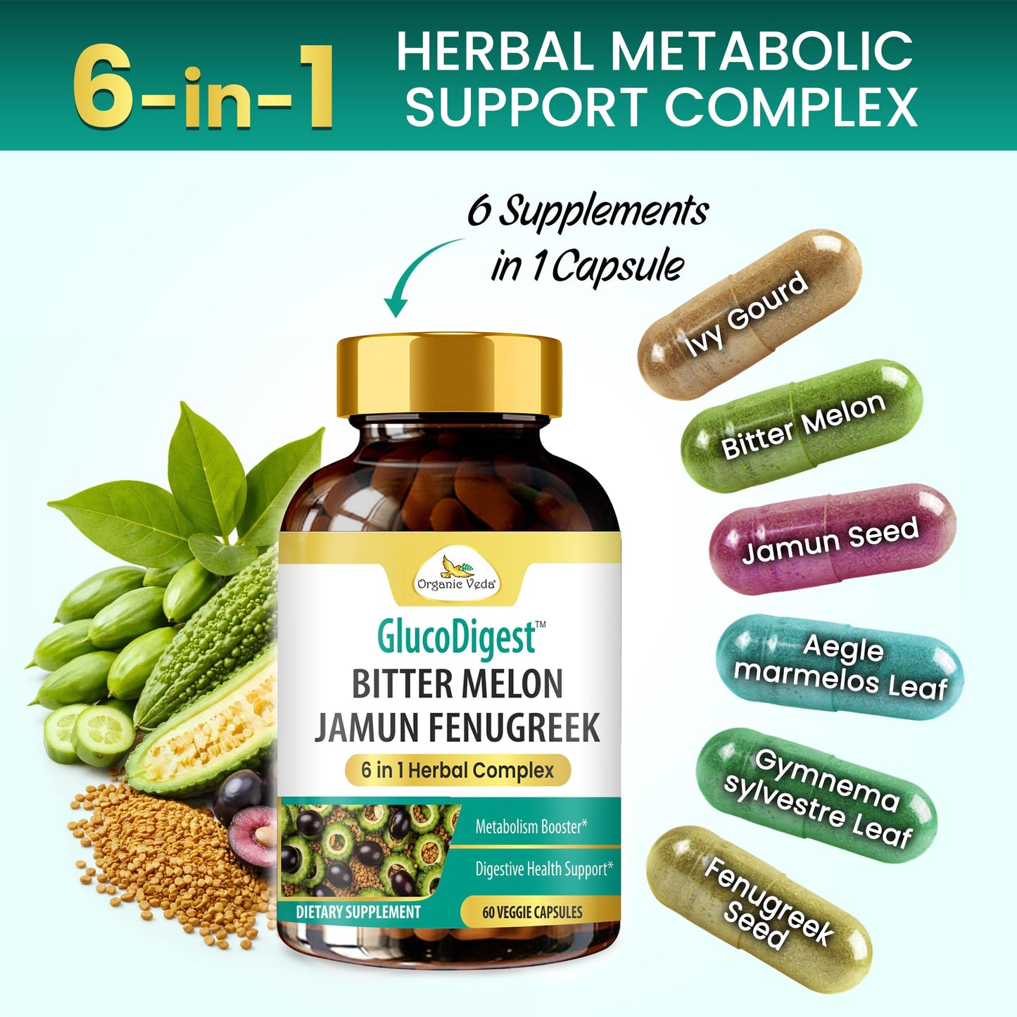 Organic Veda GlucoDigest Bitter Melon Gymnema Sylvestre Fenugreek Capsules, 60 Capsules