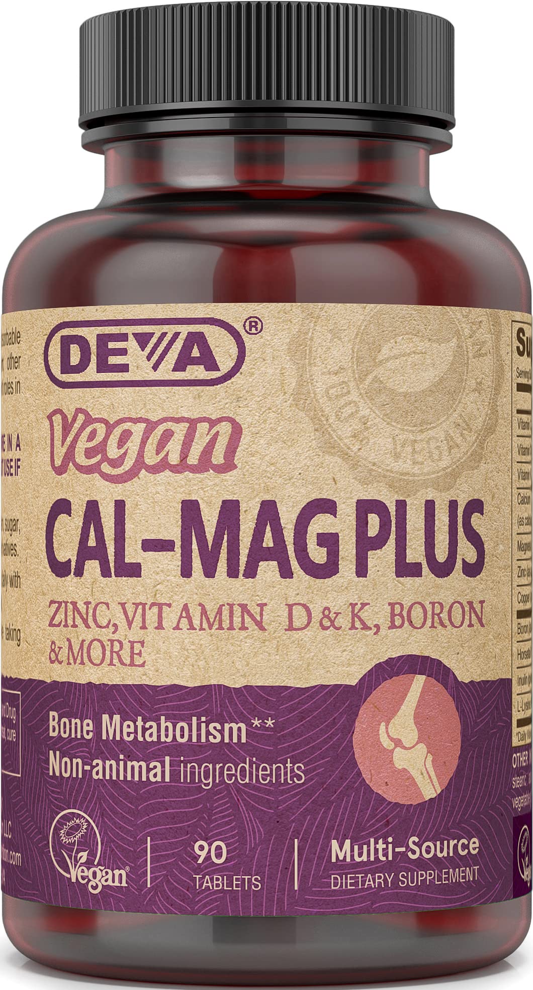 DEVA Vegan Cal MAG Plus Supplement with Calcium, Magnesium, Zinc, Boron, Vitamin C, D & K, 90 Tablets
