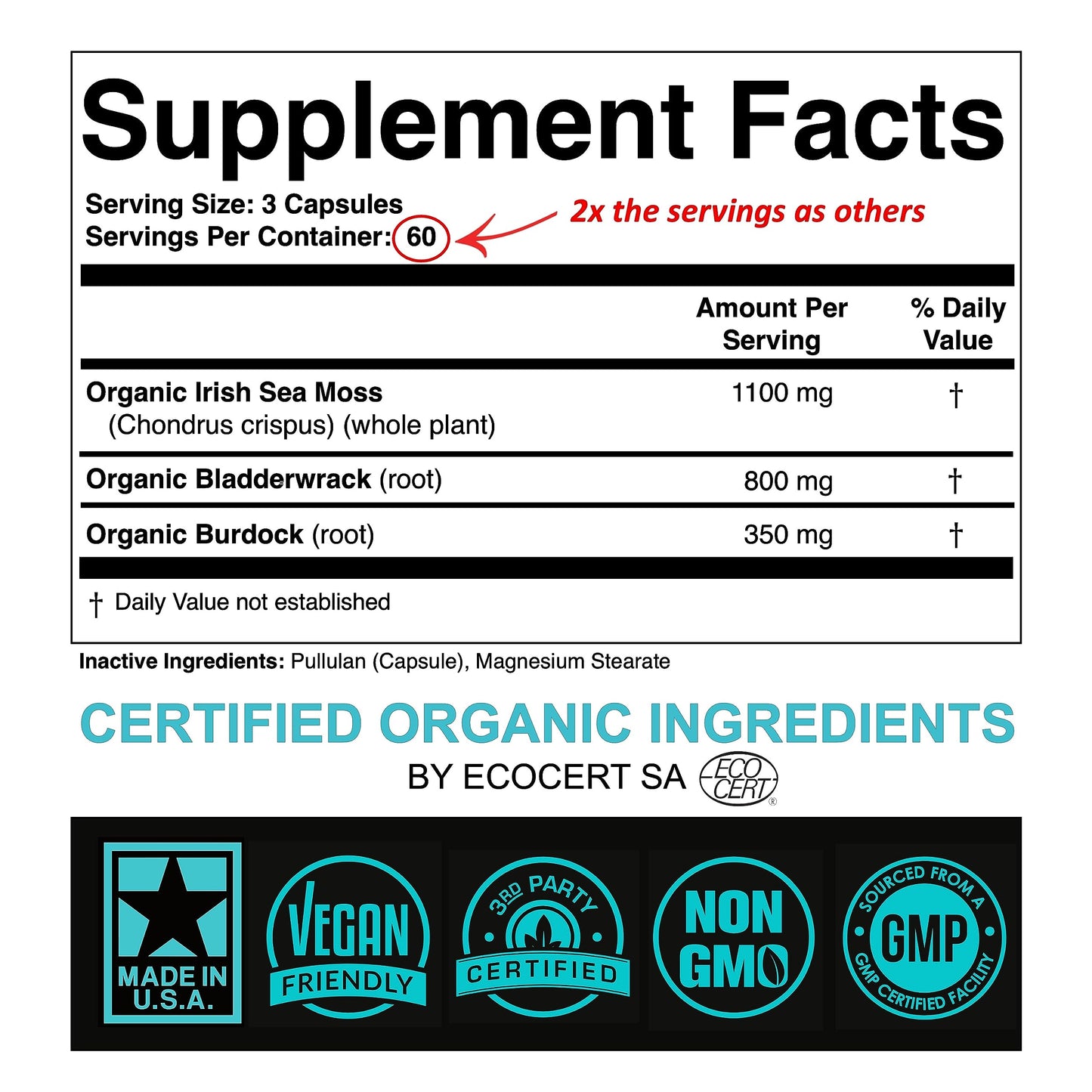 SPARTIS Certified Organic Sea Moss Capsules 2250mg Wildcrafted Irish Sea Moss with Burdock Root and Bladderwrack, 180 Capsules