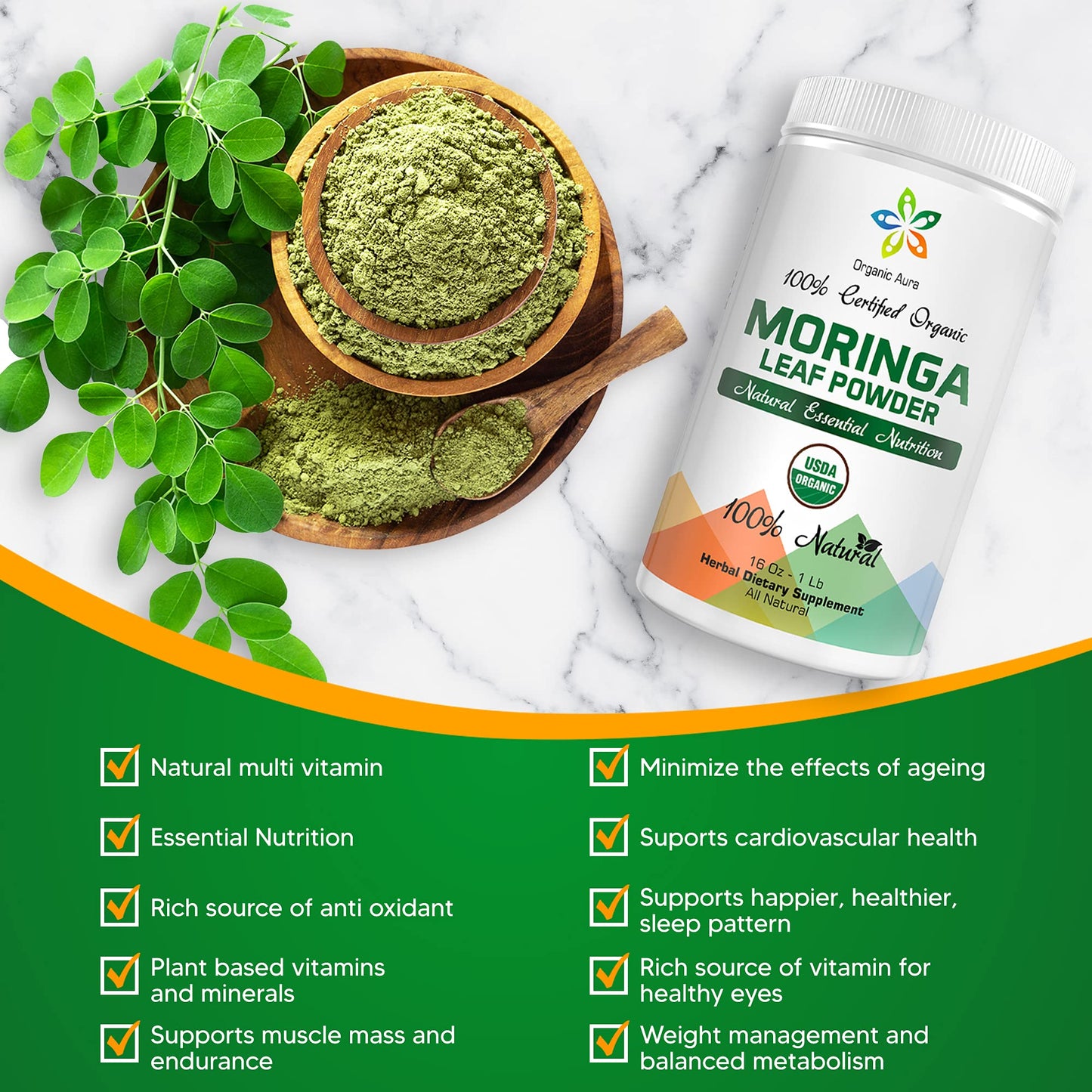 Organic Aura International Certified Organic Moringa Leaf Powder 8 oz