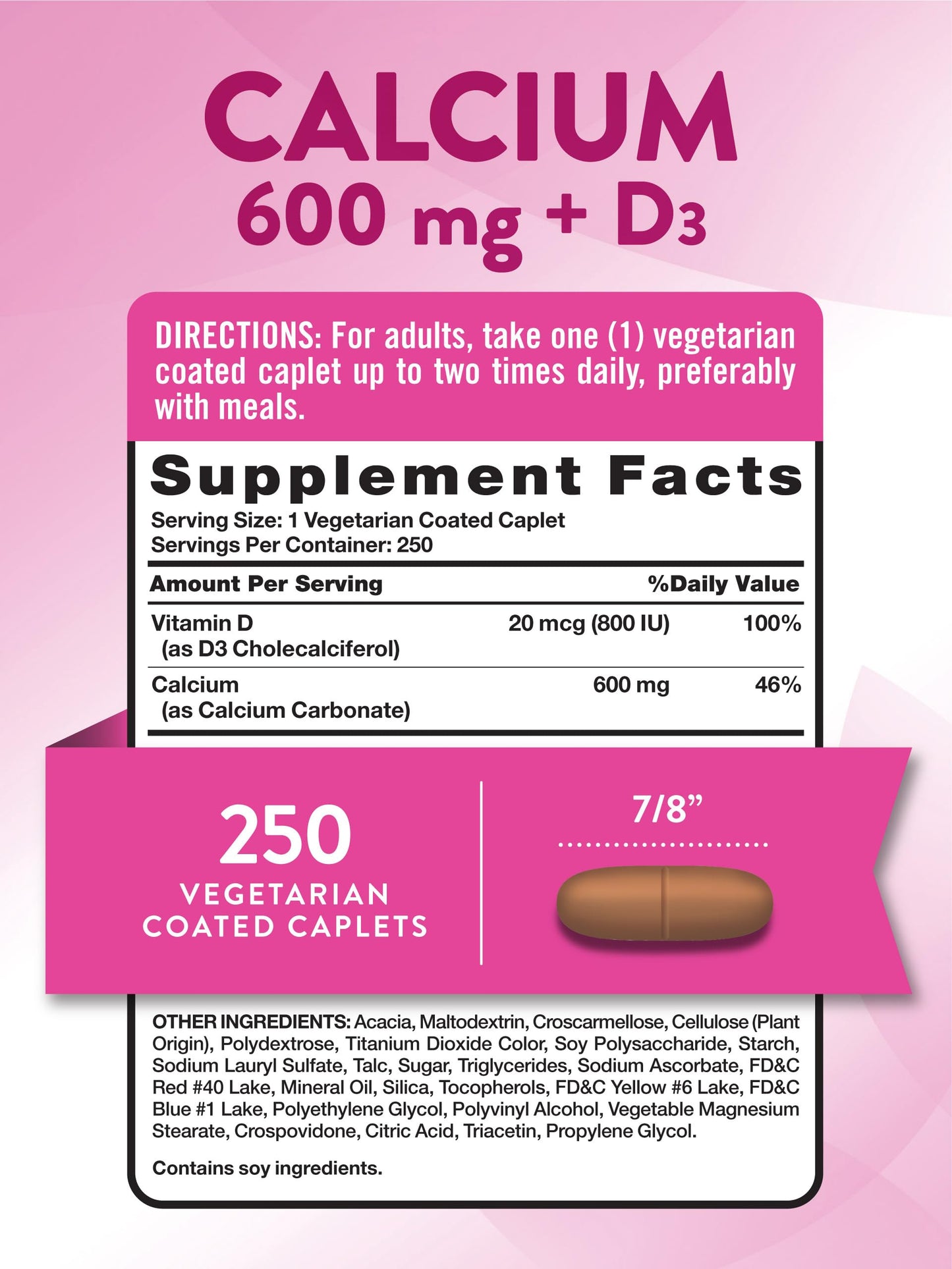 Nature's Truth Calcium 600mg with Vitamin D3 Caplets, 250 Caplets