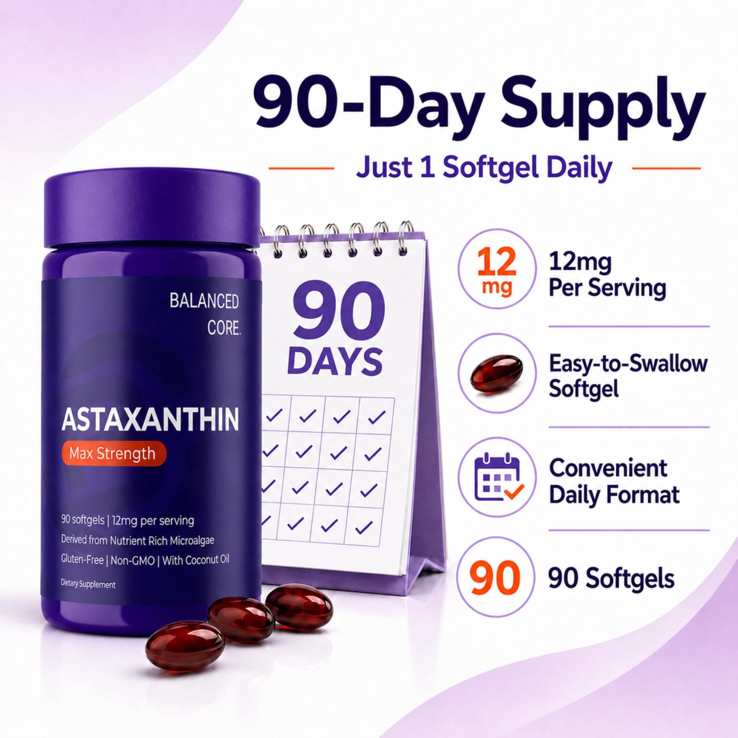 BALANCED CORE Astaxanthin 12mg Softgel 90 Count