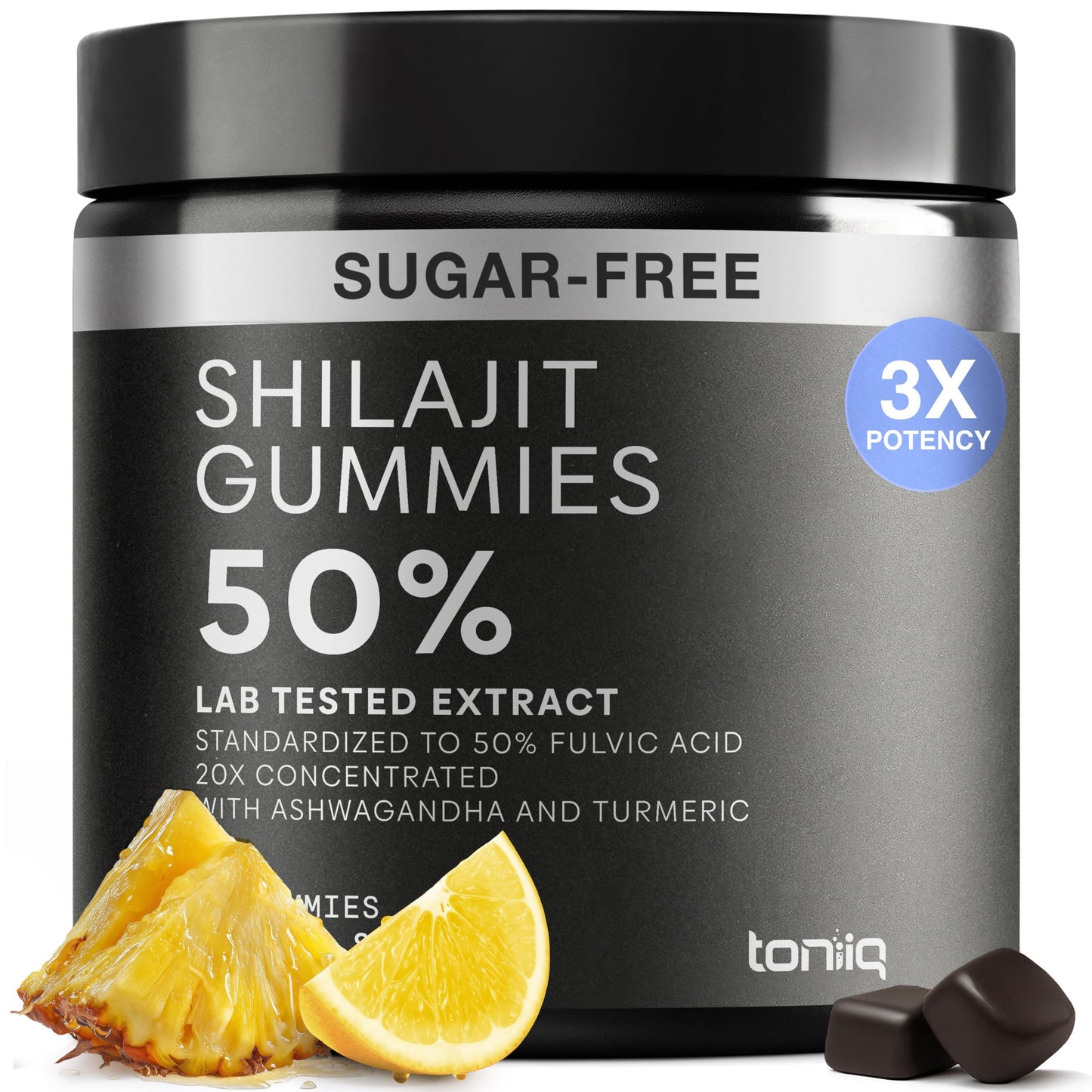 Toniiq Shilajit Gummies 20:1 Concentrate 50% Fulvic Acid Himalayan Sourced Ashwagandha + Turmeric Sugar-Free Lab Tested, 60 Count