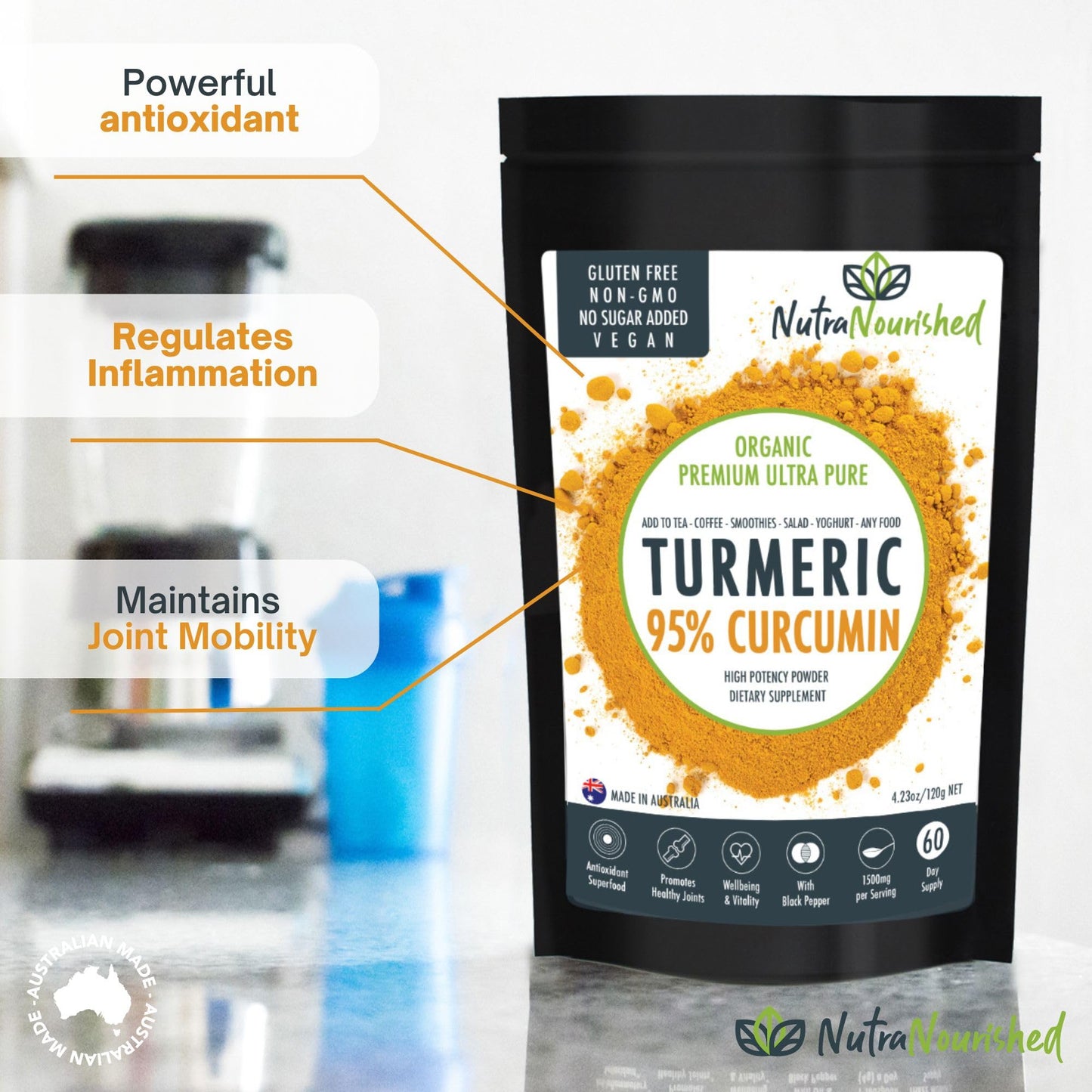 Nutra Nourished Organic Turmeric Curcumin Powder – 95% Curcuminoids (1500mg per Serve) with Black Pepper, Vegan, Gluten-Free, Non-GMO – Made in Australia, 120g (4.23 oz)