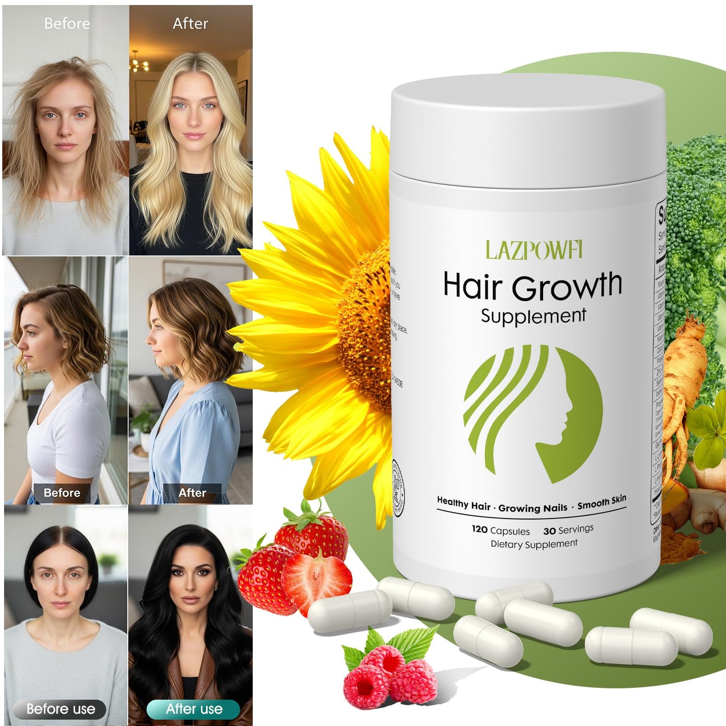 Lazpowfi Hair Growth Supplement with Biotin 10000mcg, 32-in-1 Vitamins & Minerals, 120 Capsules