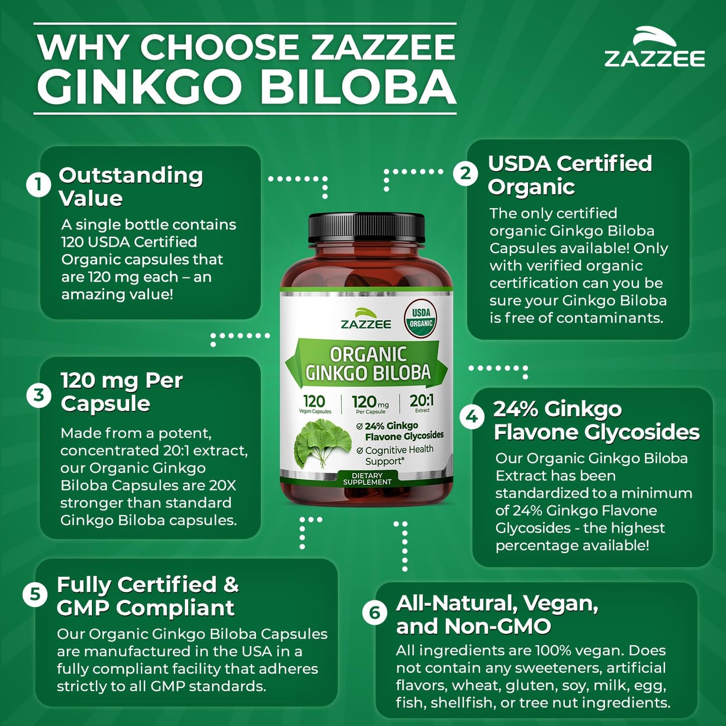 Zazzee Ginkgo Biloba 20:1 Extract Vegan Capsules, 120 Count