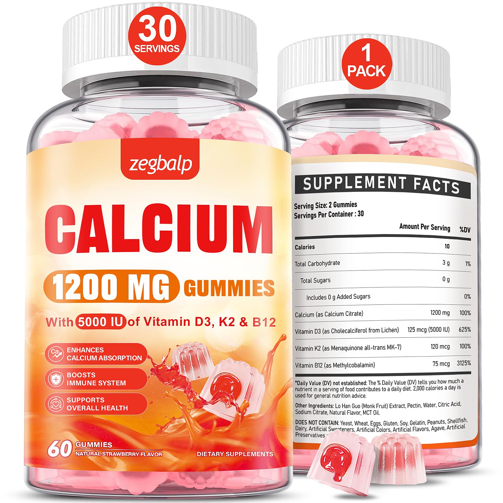 ZEGBALP Calcium 1200 mg with Vitamin D3 Supplement for Adults Gummies, 60 Count