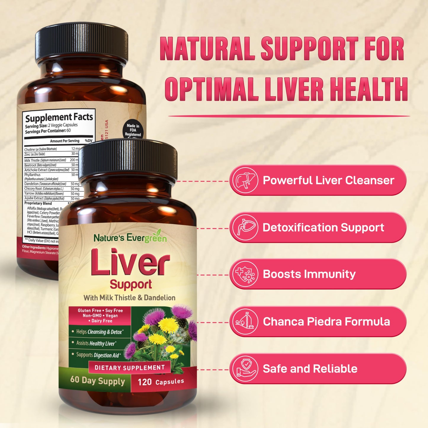 Nature's Evergreen Liver Cleanse Detox & Repair Herbal Liver Support Capsules, 120 Capsules