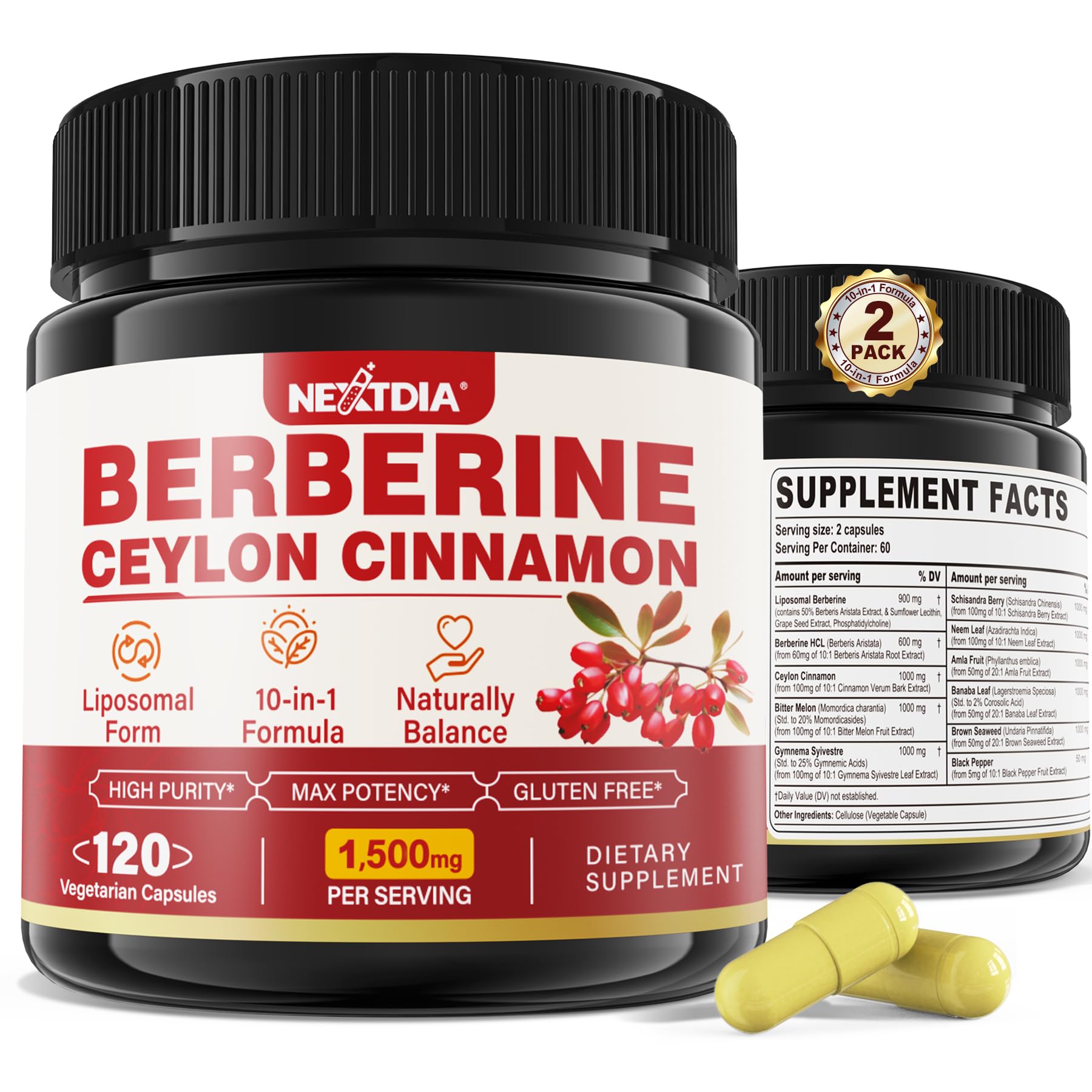 Nextdia Liposomal Berberine HCL with Ceylon Cinnamon Vegan Capsules 240 Capsules